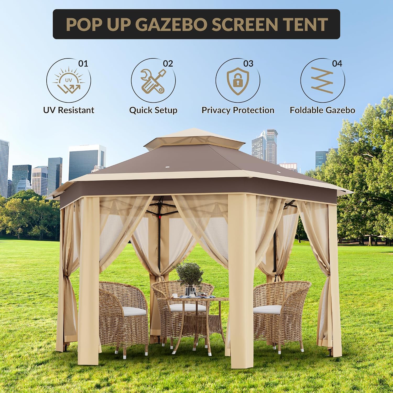 Pop-Up Gazebo 13 * 13 ft 6 Sided, Canopy Tent with Mesh Windows & Portable Carry Bag, Adjustable Tent Outdoor Pergola for Backyard & Patio Furniture (Khaki)