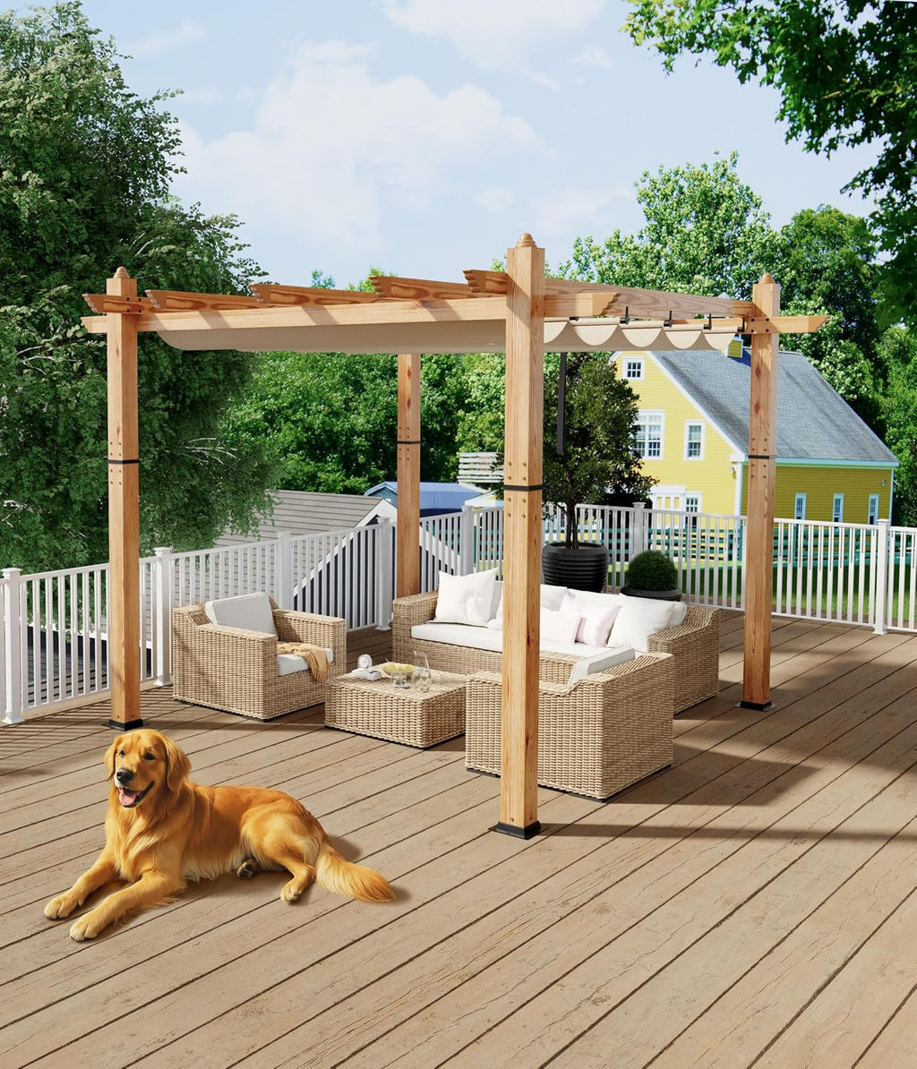GarveeLife 10 x 10 ft Wood-Grain Aluminum Pergola Outdoor Gazebo with Retractable Canopy Sun Shade Shelter for Garden, Patio, Backyard, Deck - Khaki