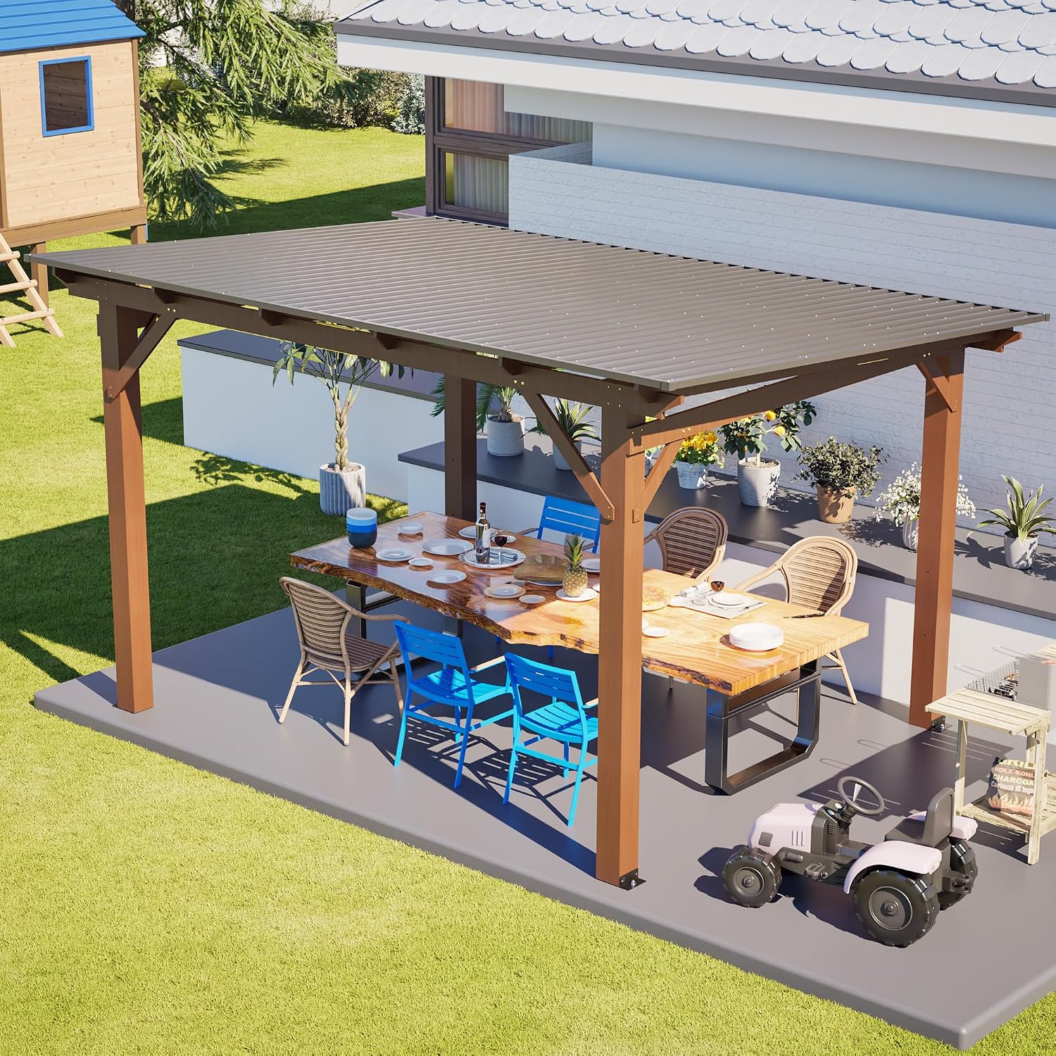 13 x 10 FT Spacious Wooden Garden Gazebo with Metal Roof, Spacious Outdoor Patio Shade Structure for Backyard, All-Weather Waterproof Brown Fir Wood Pergola, Brown