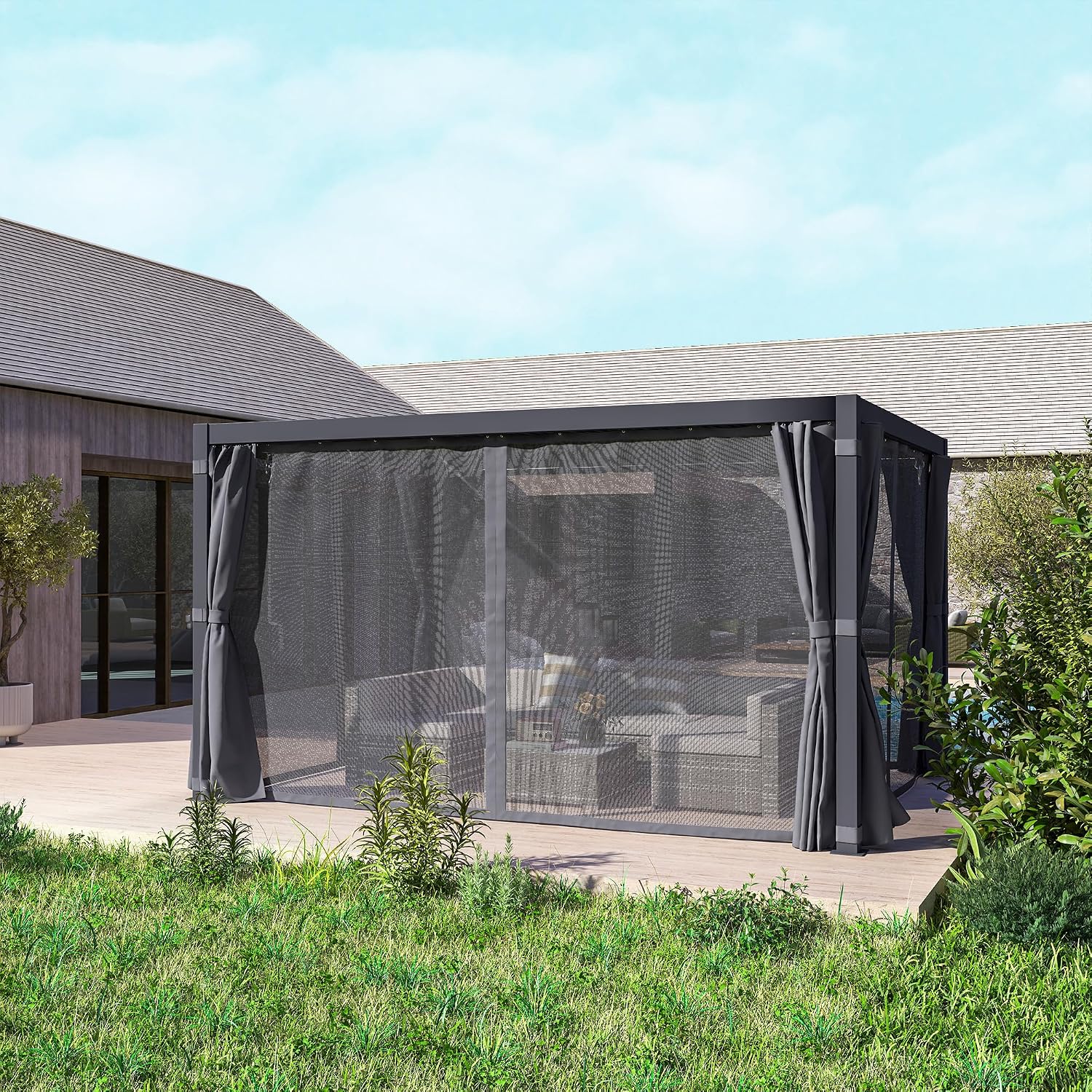 Outsunny 10 x 13 ft. Louvered Pergola Hardtop Gazebo with Adjustable Aluminum Roof and Frame, Outdoor Pergola with Curtains and Netting, for Garden, Lawn, Backyard, and Deck, Dark Gray