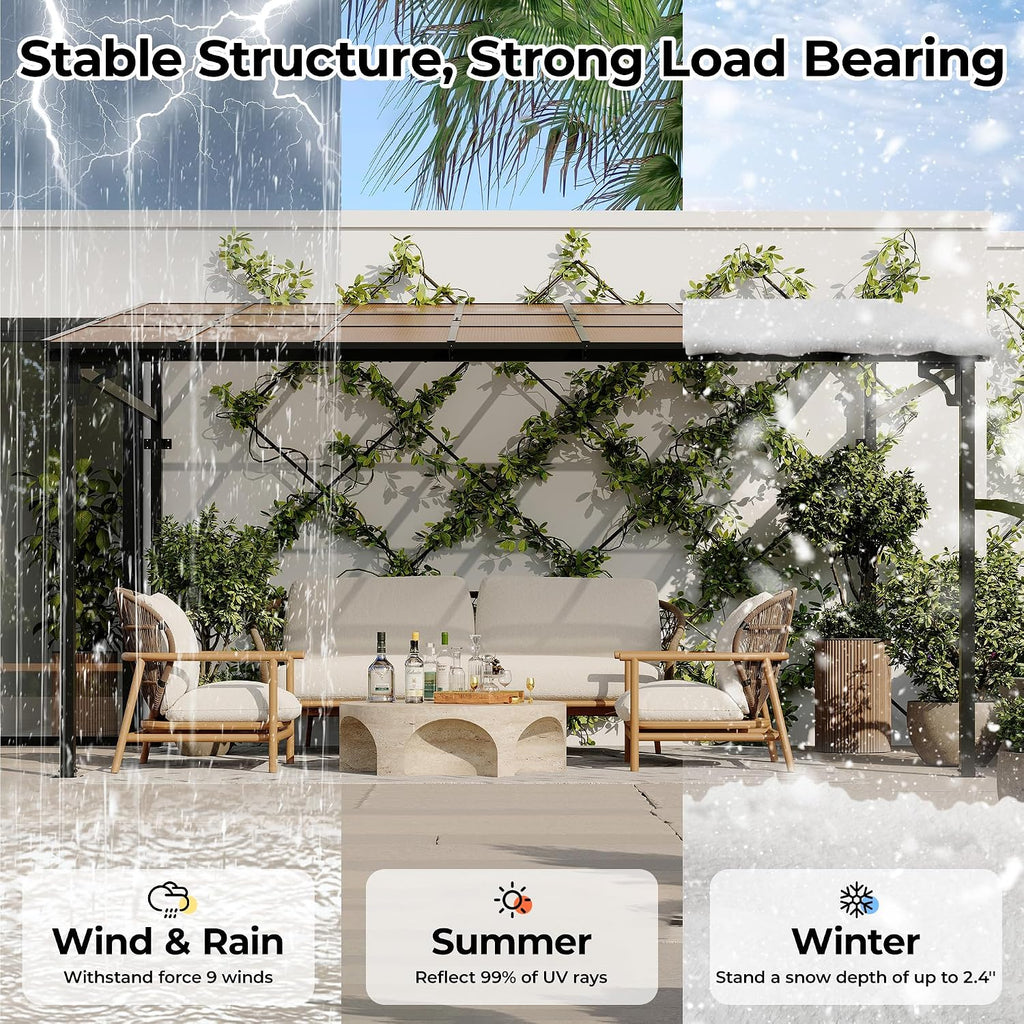 12' x 14' Gazebo, Outdoor Pergolas and Gazebos on Clearance, Hard Top Lean to Gazebo with Metal Frame, Pergola Wall Mounted Pergola with Sloped Roof for Patio, Decks, Backyard