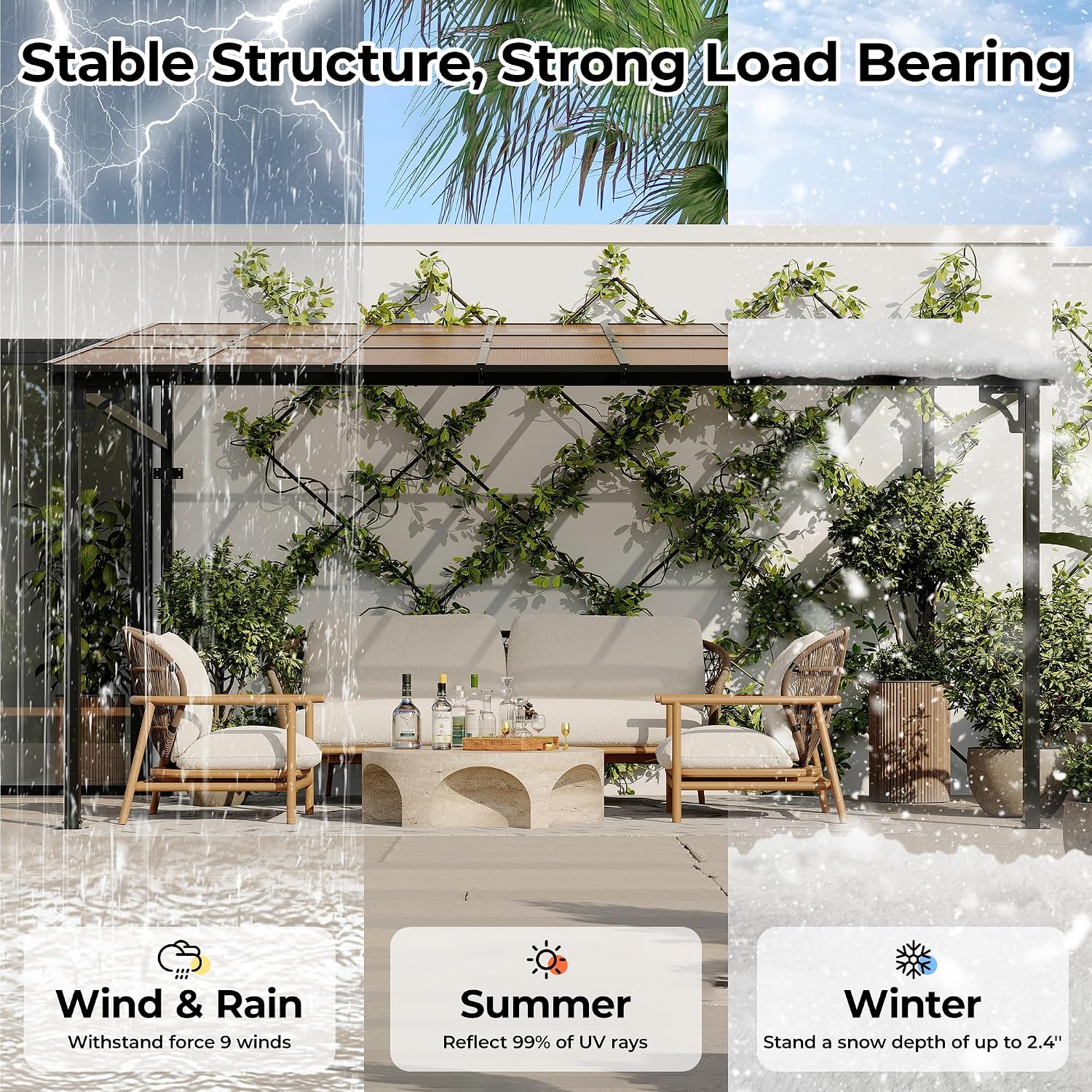 12' x 14' Gazebo, Outdoor Pergolas and Gazebos on Clearance, Hard Top Lean to Gazebo with Metal Frame, Pergola Wall Mounted Pergola with Sloped Roof for Patio, Decks, Backyard