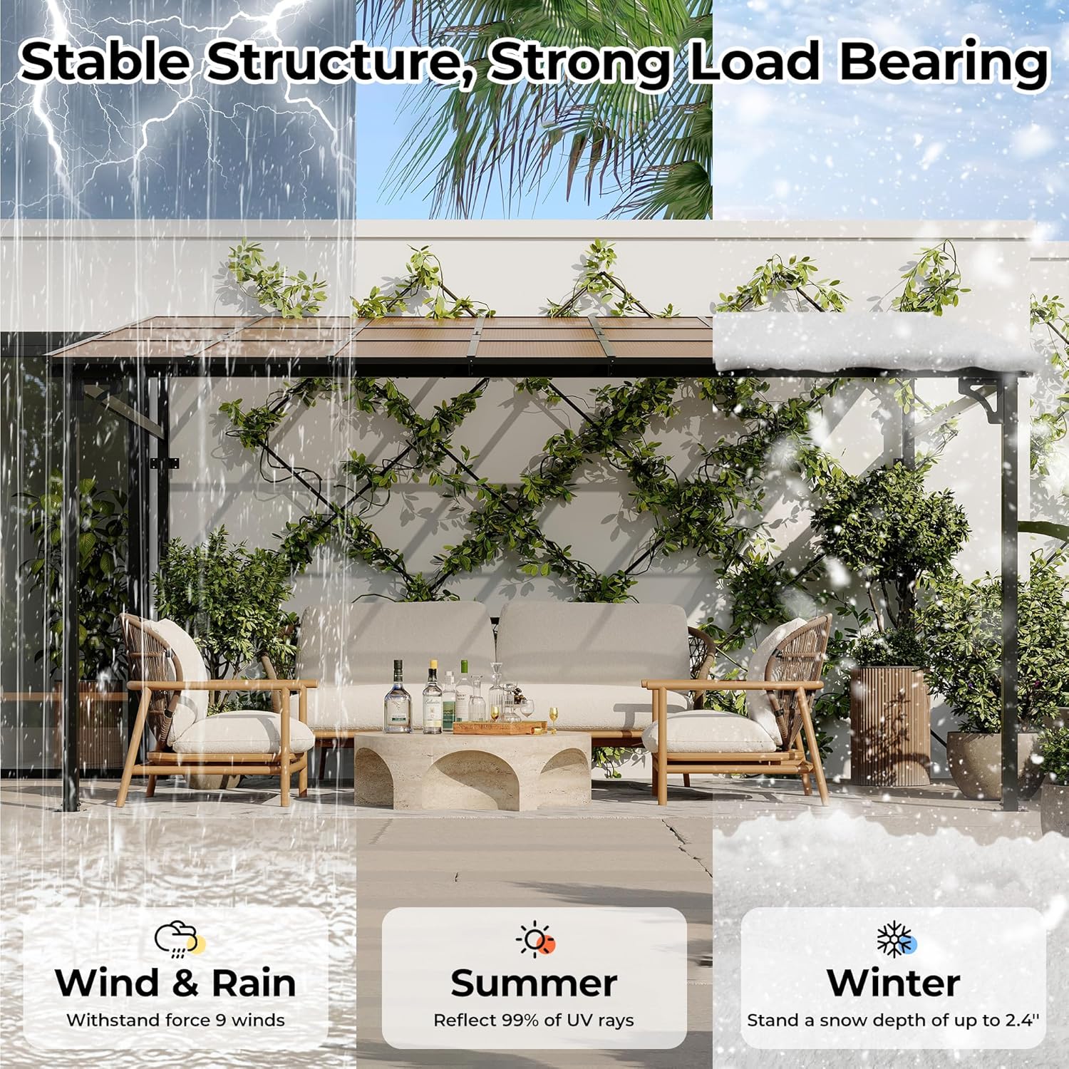 12' x 14' Gazebo for Patio, Large Wall Mounted Gazebos Pergola with Metal Frame, Hard Top Lean to Pergola, Outdoor Patio Lean to Metal Awnings Gazebos for Deck, Porch, Backyard