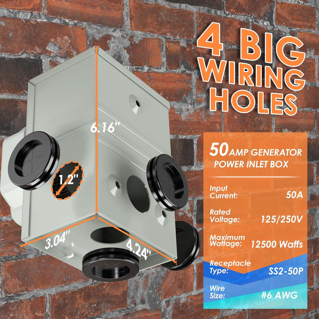 50 Amp 20 Feet Generator Cord and Power Inlet Box Combo Kit NEMA 14-50P Male to SS2-50R STW 6/3+8/1 AWG 125/250V Twist Locking with Inlet Box for Generator to House, UL Listed