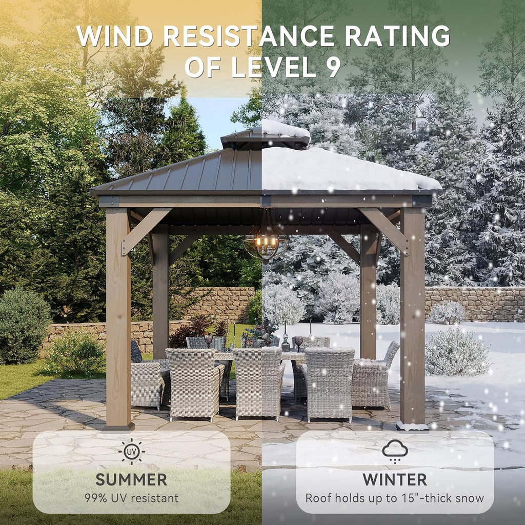 Aoxun 10' x 10' Outdoor Wood Gazebo, Hardtop Gazebo Permanent Wooden Pavilion with Galvanized Steel Double Roof, for Patio, Garden, Deck, Cedar Wood, Grey
