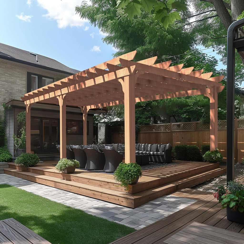 BlueWish 12'x20' Outdoor Pergola with 5.5' Thick Wind Support Structure, Cedar Wood Patio Pergolas, Pergola Kits Backyard Gazebo with Stakes for Deck Grill Party Garden