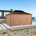 PURPLE LEAF 12' X 16' Outdoor Hardtop Gazebo for Patio Galvanized Steel Double Roof Permanent Canopy Teak Finish Coated Aluminum Frame Pavilion Gazebo with Netting and Khaki Curtains