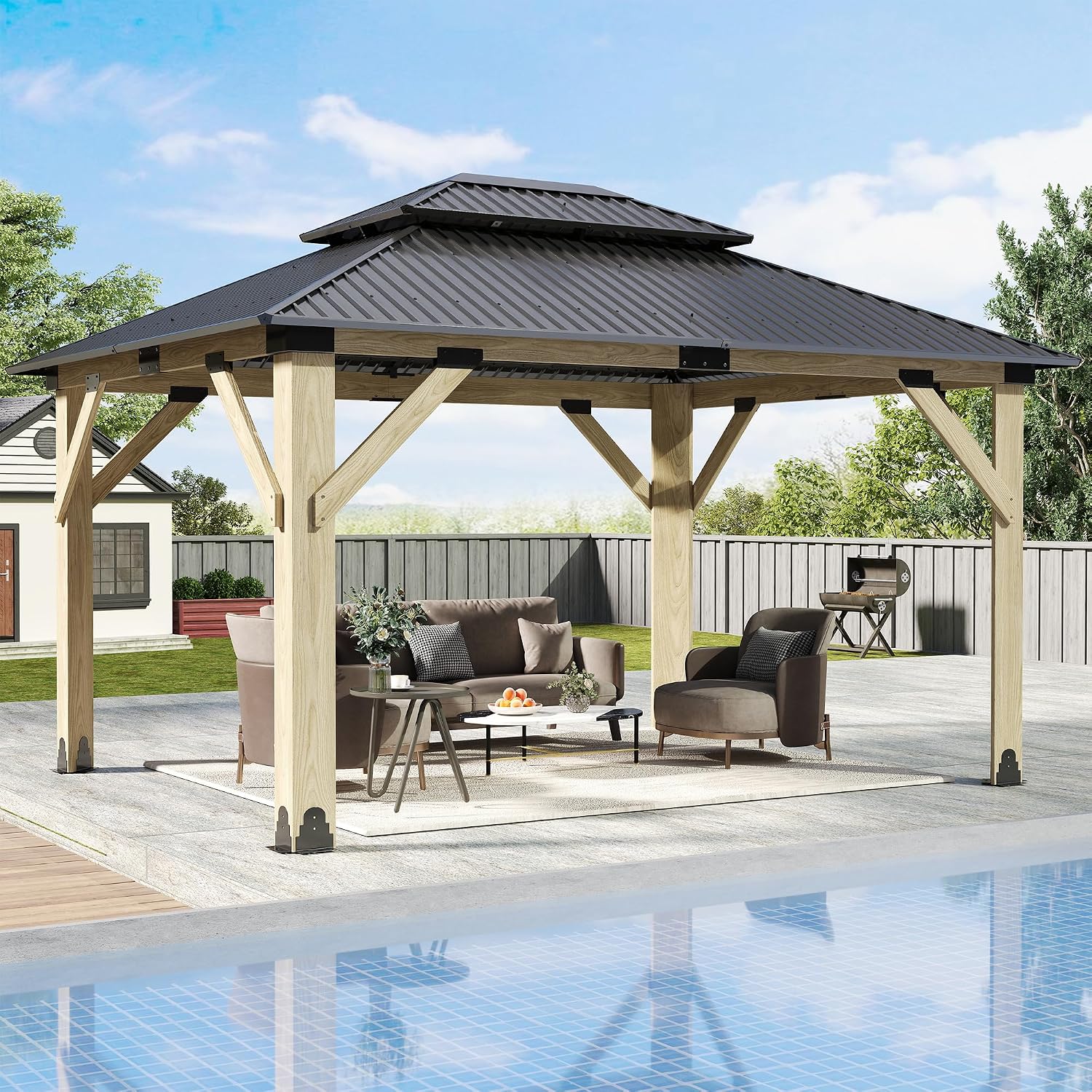 11'x13' Wood Gazebo,Outdoor Hardtop Gazebo with Galvanized Steel Doule Roof, Wooden Frame Gazebos for Patio Backyard Deck