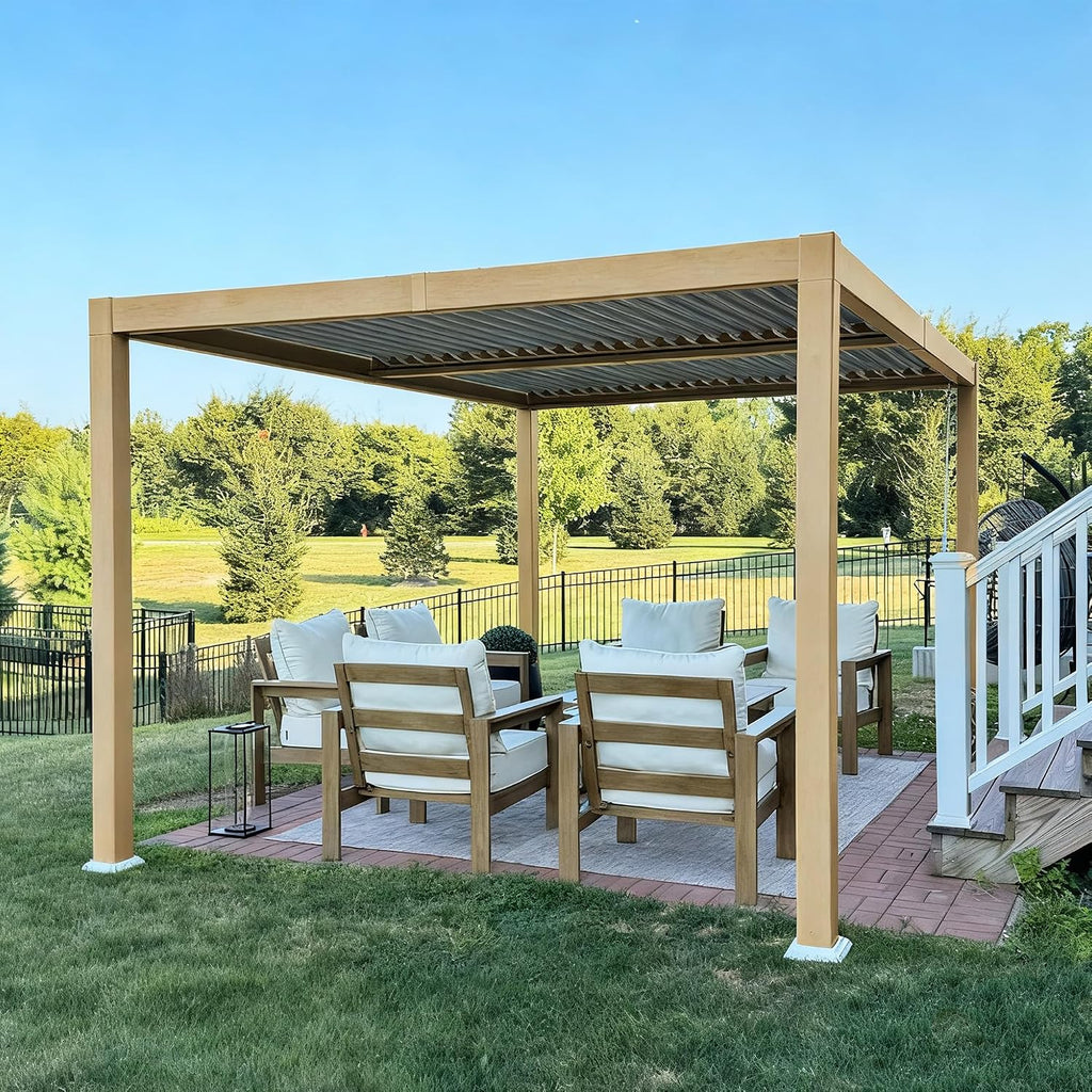 PURPLE LEAF 10' x 14' Louvered Pergola Outdoor Wood Grain Aluminum Pergola with Adjustable Roof Retractable Patio Rainproof Hardtop Gazebo for Deck Backyard Garden