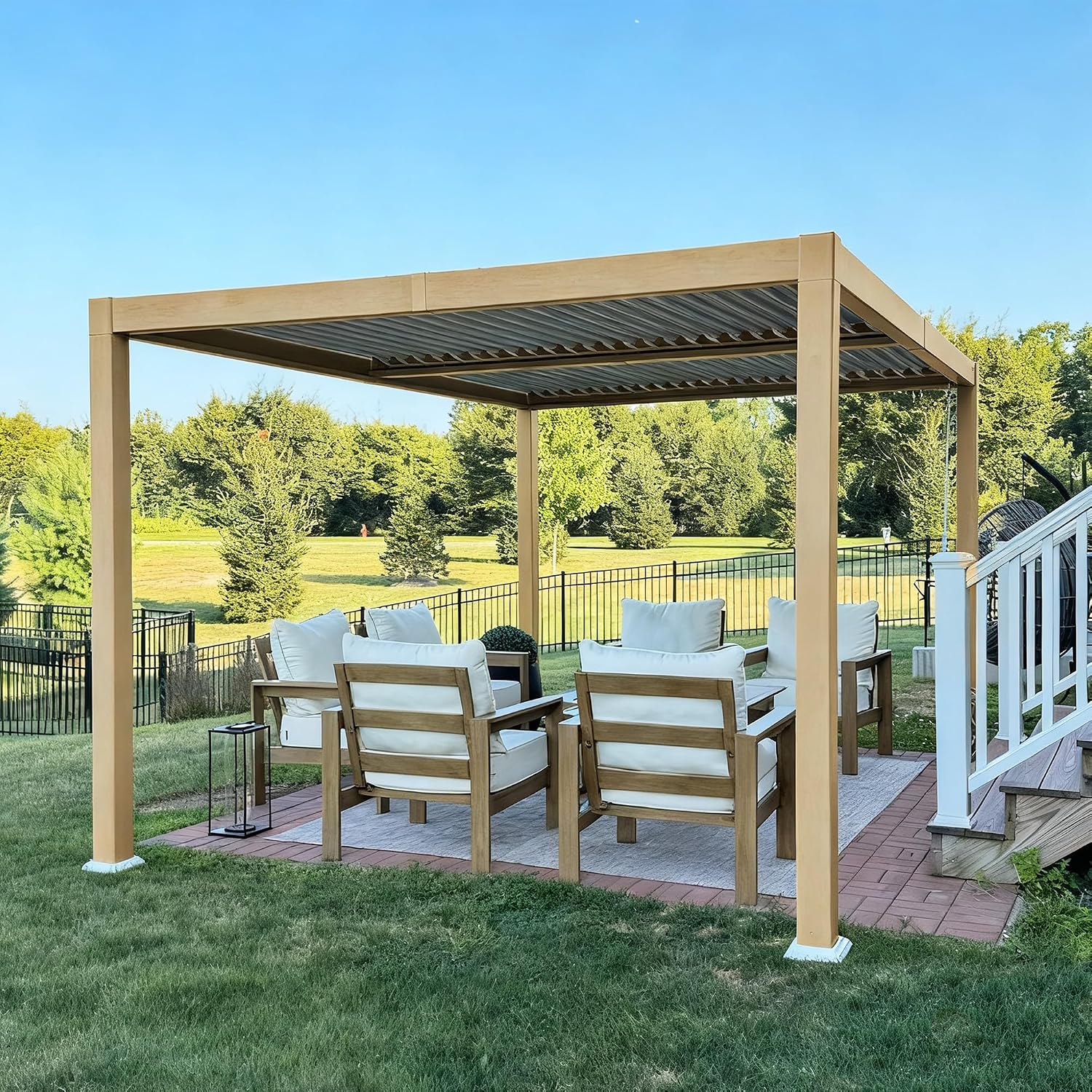PURPLE LEAF 10' x 14' Louvered Pergola Outdoor Wood Grain Aluminum Pergola with Adjustable Roof Retractable Patio Rainproof Hardtop Gazebo for Deck Backyard Garden