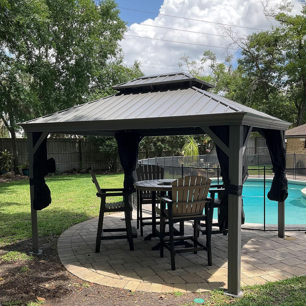 PURPLE LEAF 10' x 12' Hardtop Aluminum Gazebo with Double Metal Roof Heavy Duty Permanent Gazebo for Patio Deck Lawn Garden All Weather Outdoor Pavilion Gazebos, Light Grey