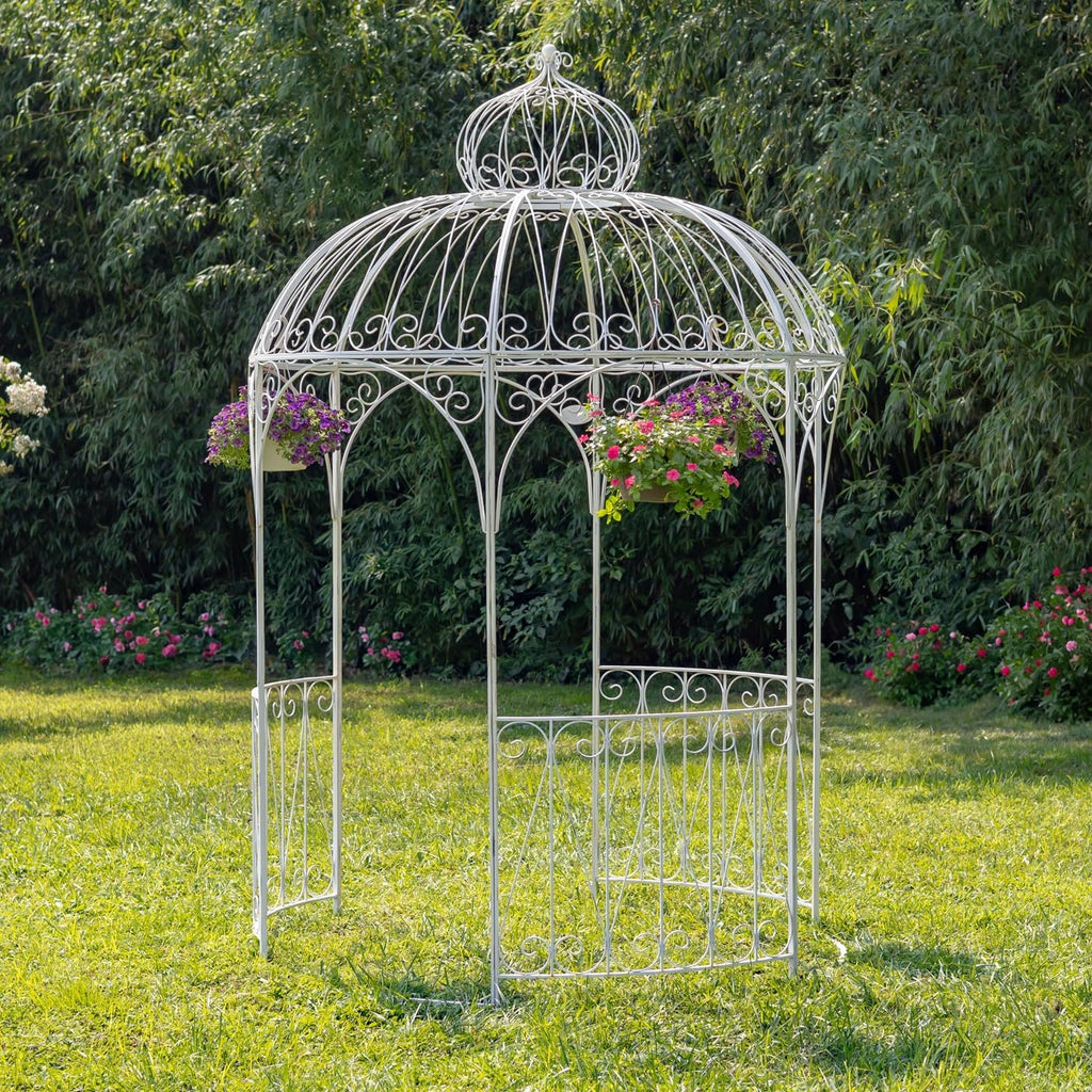 Large Round Metal Garden Gazebo with 3 Entries and Side Walls (Antique White)
