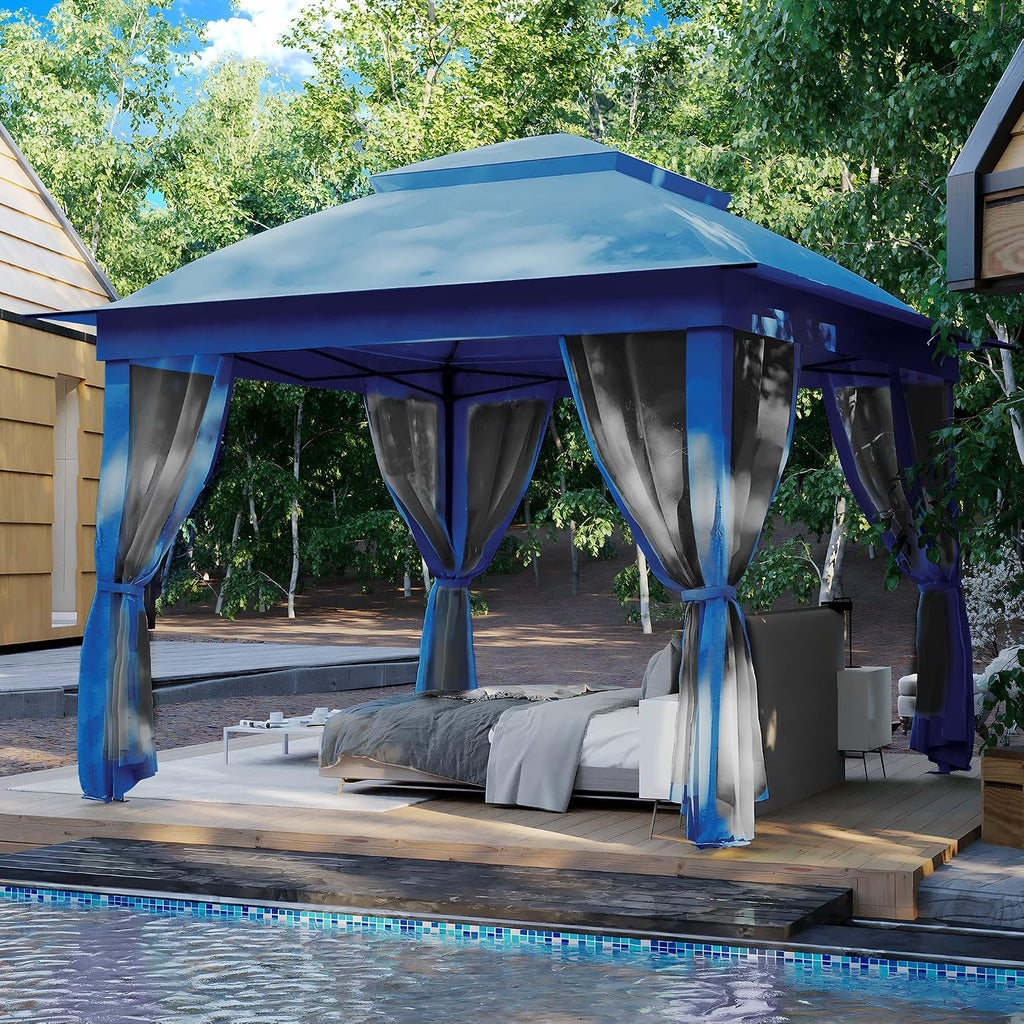Joyside 11'x11' Pop Up Gazebo for Patios Gazebo Canopy Tent with Sidewalls Outdoor Gazebo with Mosquito Netting Pop Up Canopy Shelter Wedding Tent (Dark Blue)