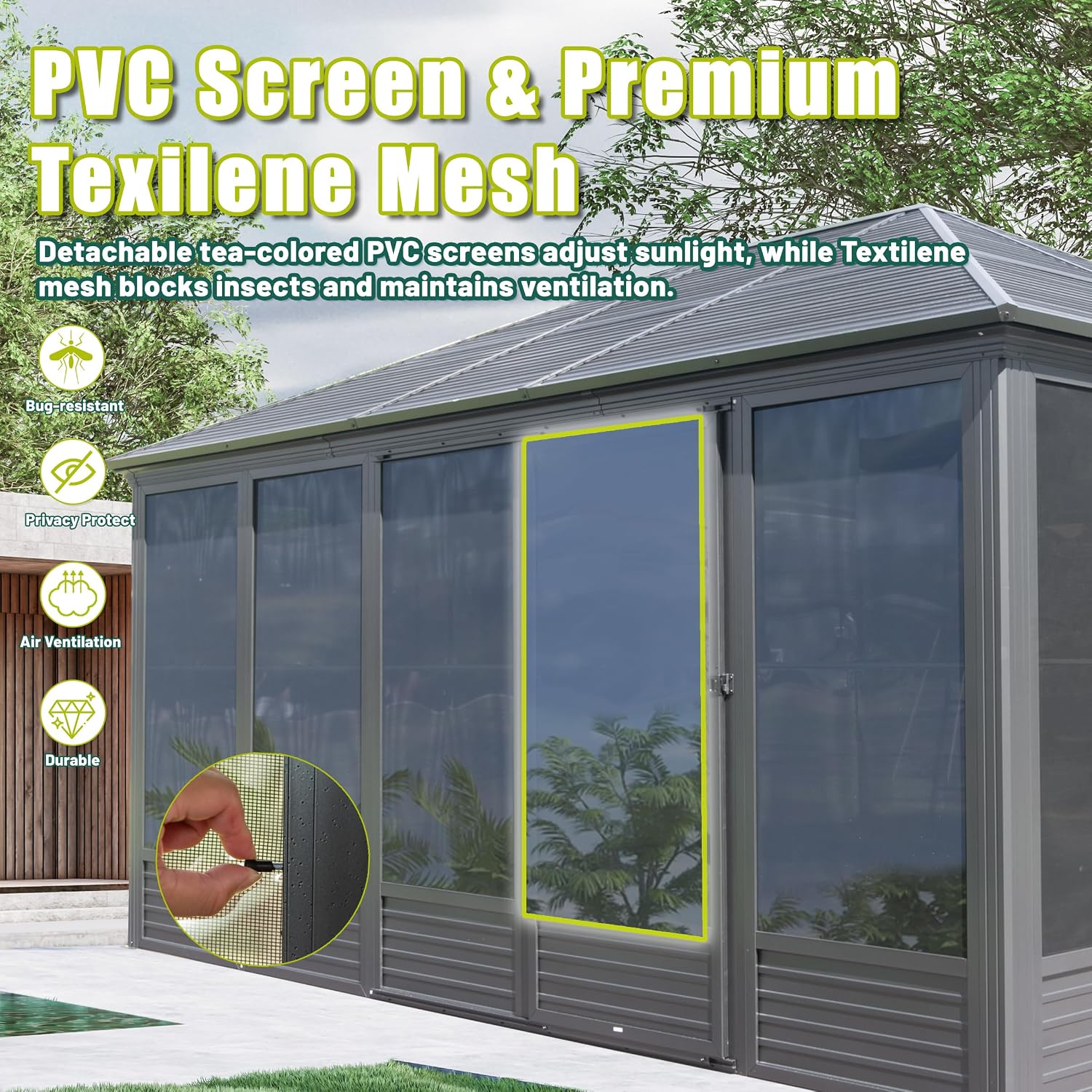 Domi 13x16.5FT Solarium Sunroom Kit, Outdoor Enclosed Patio Sunroom Gazebo with Aluminum Frame, Permanent Freestanding Hardtop Gazebo with 2 Sliding Doors (Front and Rear), Movable PVC Windows