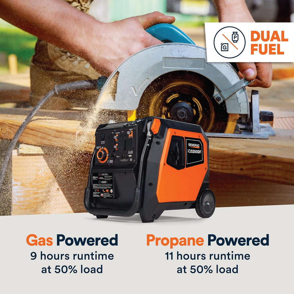 Generac 5,200-Watt Dual-Fuel Portable Inverter Generator - Gas and Propane Compatible - Quiet Operation - Produces Clean, Stable Power - Great for Home Backup, Camping, and RV Use