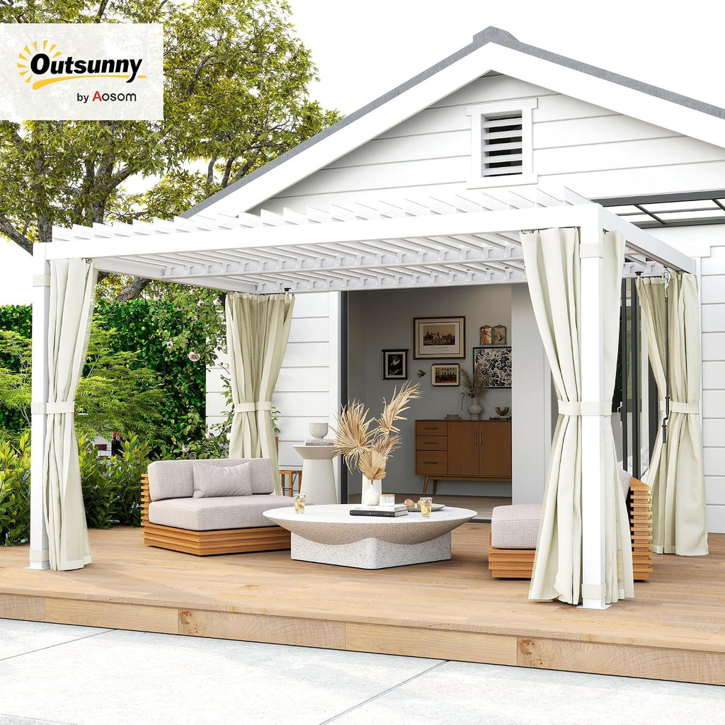 Outsunny 10' x 13' Louvered Pergola Hardtop Gazebo with Adjustable Aluminum Roof and Frame, Outdoor Pergola with Curtains and Netting, for Garden, Lawn, Backyard, and Deck, Cream White