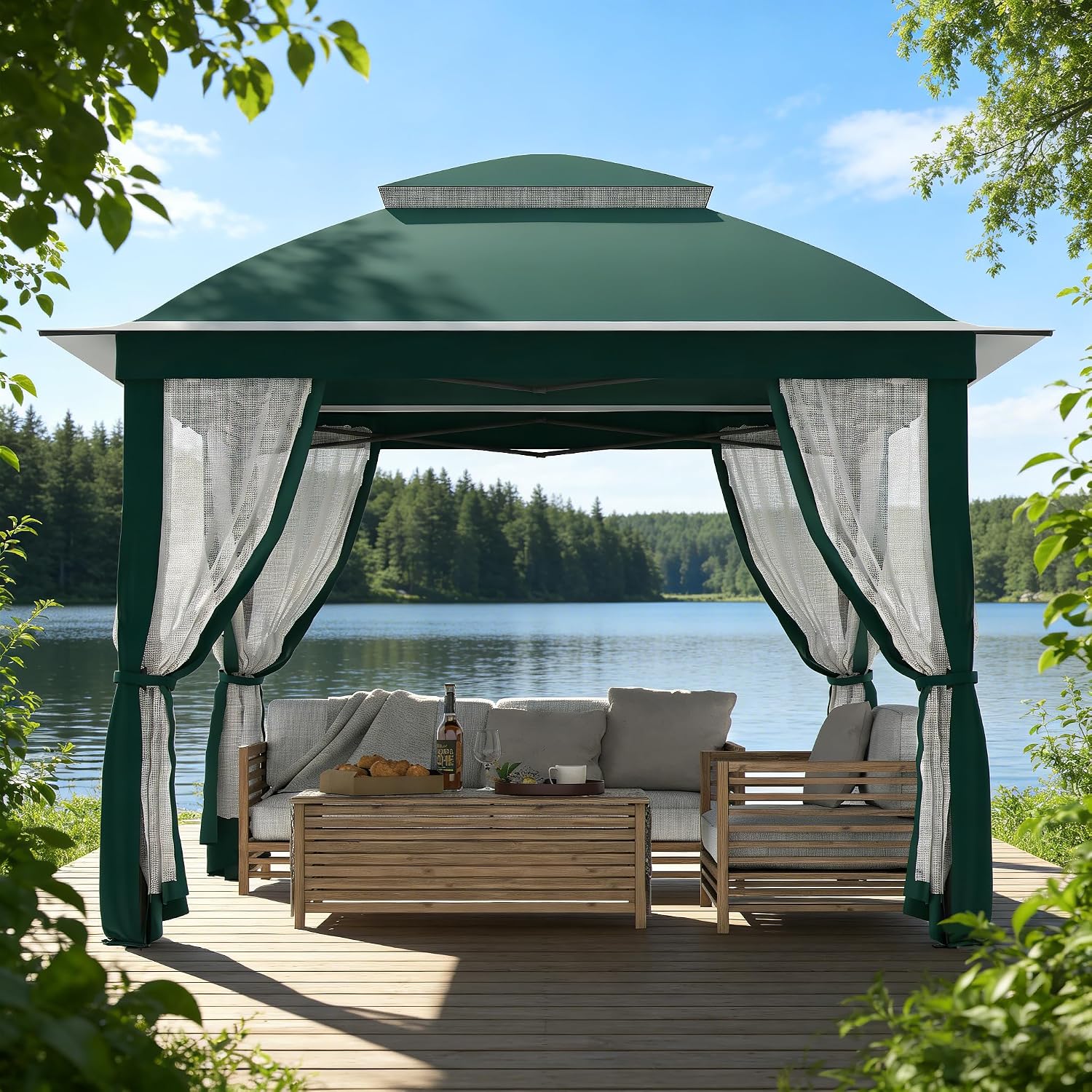 11'X11' Gazebo Pop Up with 4 Sidewalls Mosquito Netting, Heavy Duty Patio Gazebo Canopy Tent with Double Air Roofs for Backyards, Patios, Decks, Gardens, Parks