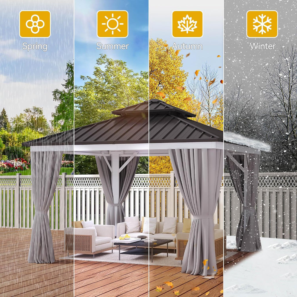 DWVO 10x10ft Hardtop Gazebo Double Roof Outdoor Galvanized Roof Aluminum Frame White Gazebo with Netting and Curtain Garden Tent for Patio, Backyard Deck