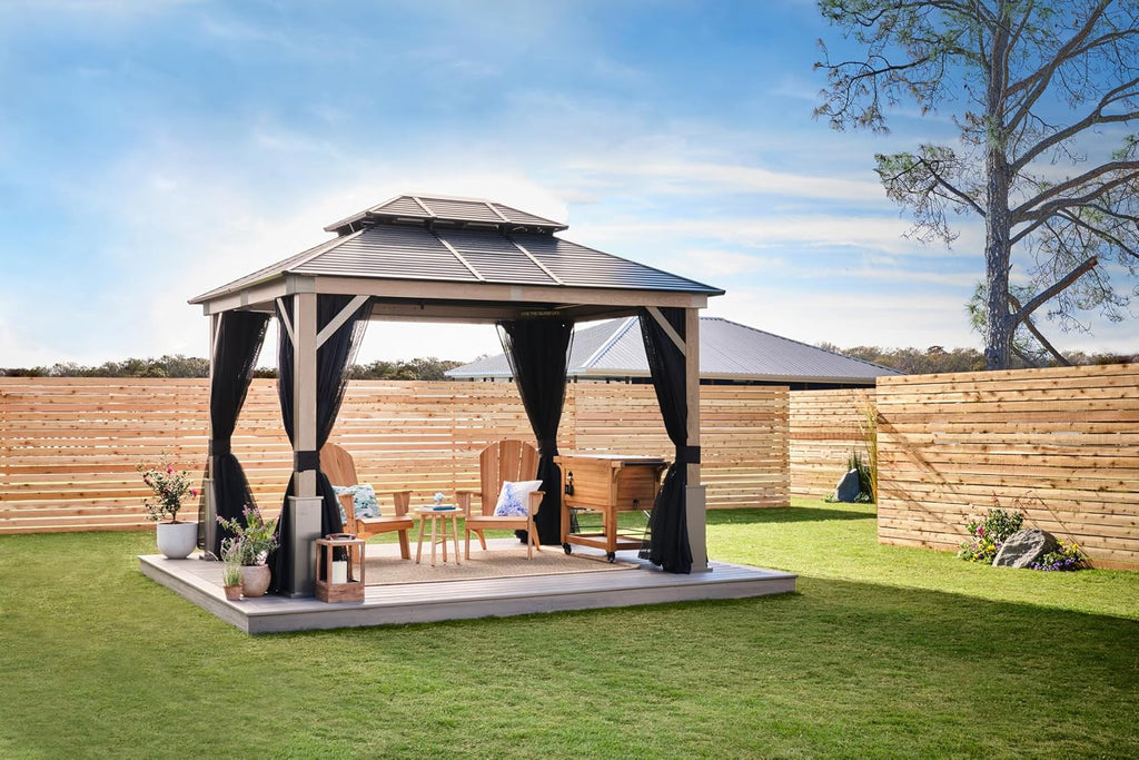 Tommy Bahama Edition Cove 10' x 12' Outdoor Hardtop Gazebo Pavilion for Backyard or Patio, Heavy-Duty Galvanized Steel Double Roof Gazebo, Wood Grain Finish