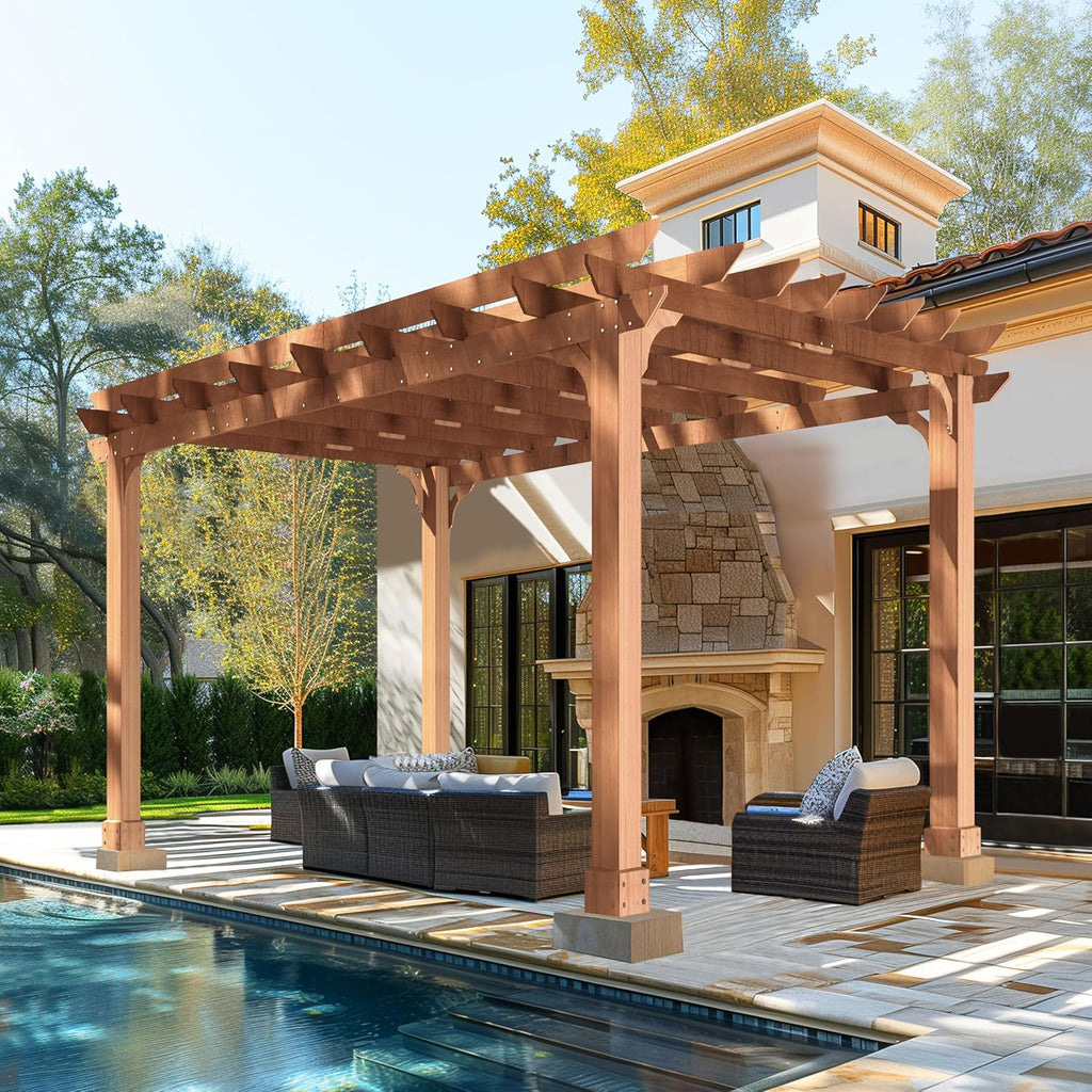 Yardenaler 12x14 FT Wooden Pergola with Flat Roof, Cedar Wood Gazebo with Stakes Included, Outdoor Garden Shelter for Patio, Deck, Backyard, Lawn