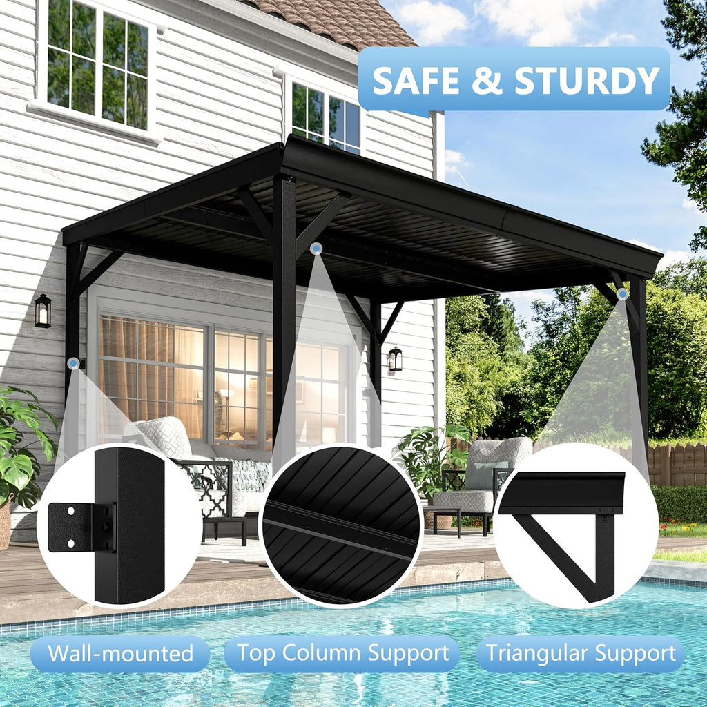 MUPATER 8x10 FT Wall-Mounted Lean-to Gazebo, Outdoor Pergola Gazebo with Drainage System & Triangle Structure, Outdoor Patio Lean-to Gazebo Awnings for Deck, Porch, Backyard and Patio, Black