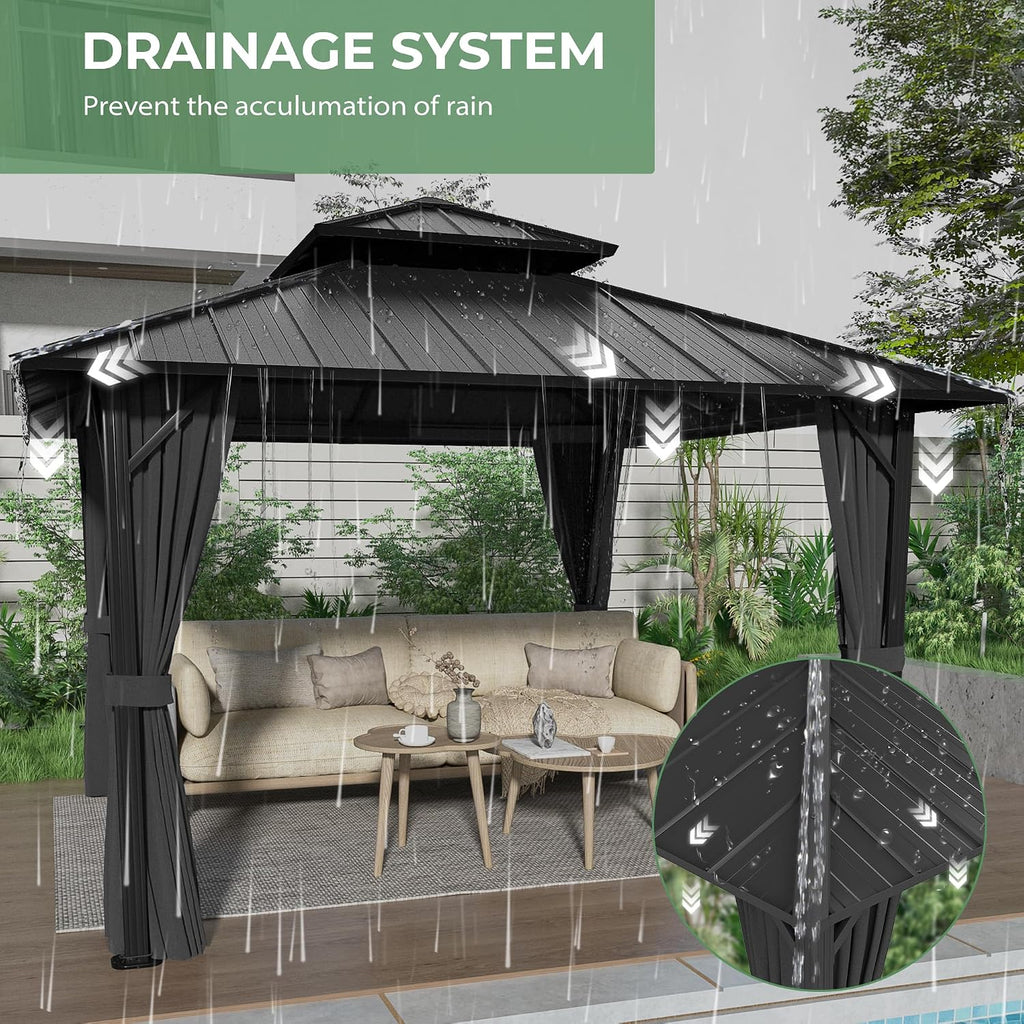 12' x 12' Hardtop Gazebo, Aluminum Frame with Double Galvanized Steel Roof, Outdoor Metal Gazebo with Netting & Curtains for Backyard, Garden, or Deck, Grey