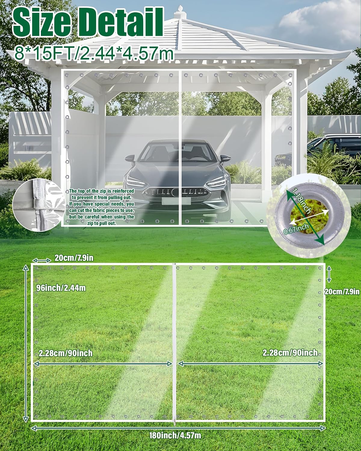 8'H x15'W Outdoor Vinyl Curtain 19oz Clear Tarps with Zipper,Vinyl Patio Enclosure,Outdoor Curtains Heavy Duty Waterproof Transparent Tarp with Grommets for Gazebo Porch Balcony Pergola