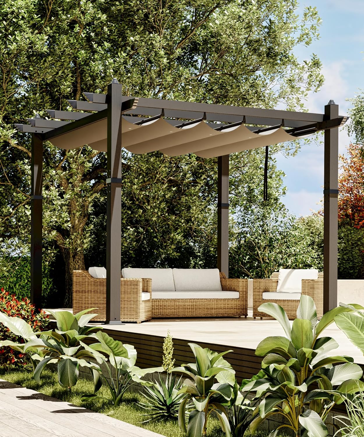 GarveeLife 10x10 ft Aluminum Pergola, Outdoor Metal Pergola with Adjustable Canopy, Reinforced Frame Outdoor Shelter for Backyard, Garden and Deck - Khaki