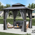 8.5' x 8.5' Hardtop Gazebo, Galvanized Steel Double Roof Gazebo with Nettings and Curtain Outdoor Aluminum Frame Vertical Stripes Roof Gazebos for Patio, Backyard, Lawn