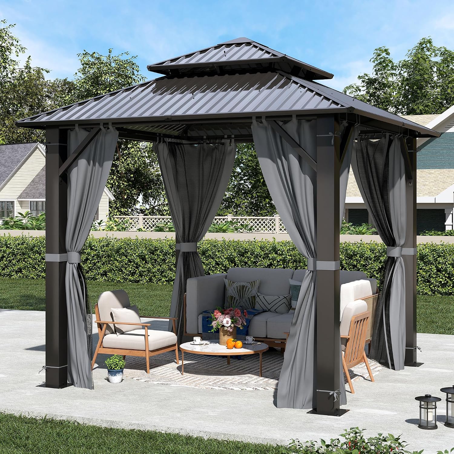 8.5' x 8.5' Hardtop Gazebo, Galvanized Steel Double Roof Gazebo with Nettings and Curtain Outdoor Aluminum Frame Vertical Stripes Roof Gazebos for Patio, Backyard, Lawn