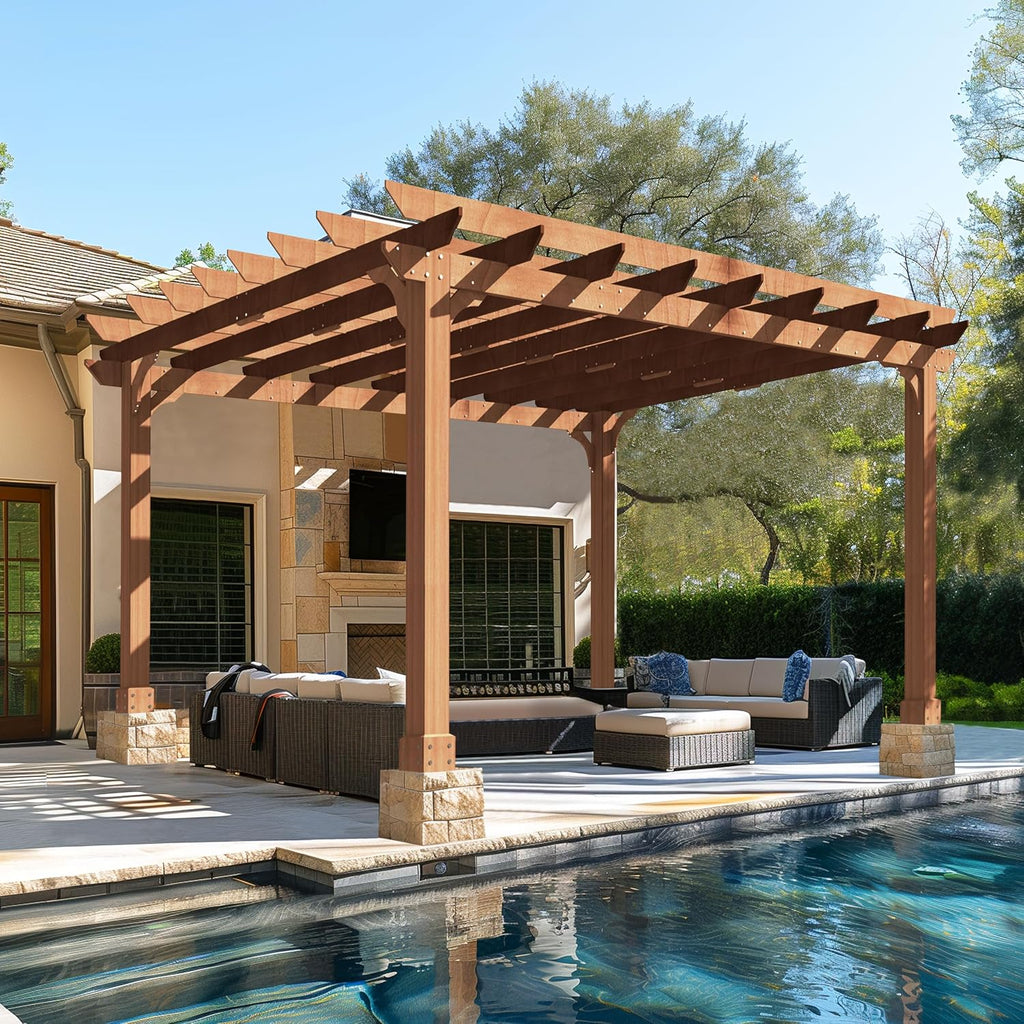 BlueWish 12' x 14' Cedar Wood Patio Pergola with Slatted Trellis Roof, Outdoor Pergola Backyard Gazebo with Solid Structure for Deck Yard Grill Party Garden