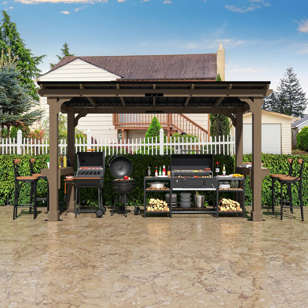 VEIKOU 6'x13' BBQ Grill Gazebo Shelter with Galvanized Steel Roof, Cedar Frame, Patio Gazebo for Barbecue, Backyard, Garden, Light Mocha Brown