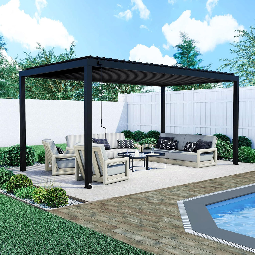 Backyard Discovery Sarasota 18' x 10' Galvanized Steel Louvered Pergola Kit with Adjustable Roof, Shade, Rain Protection, High-Wind Rating, Gutter System for Outdoor Patio, Garden, Deck, Entertaining