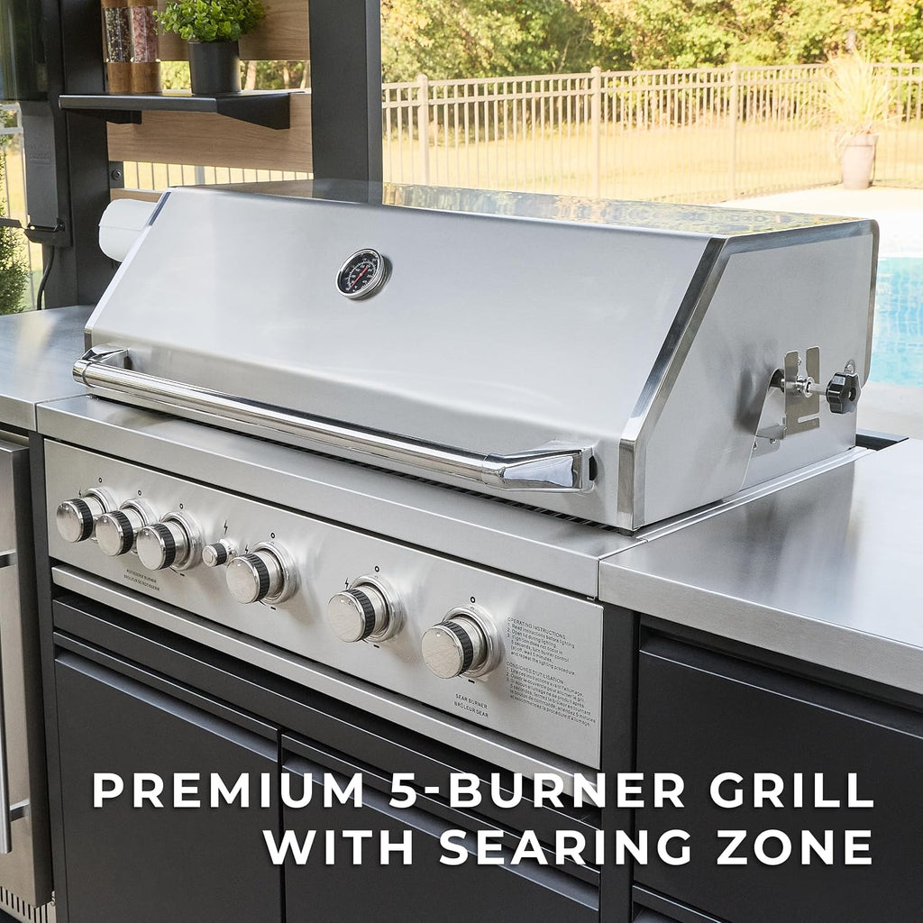 Backyard Discovery Fusion Flame 2 Galvanized Steel Covered Outdoor Kitchen with 5-Burner Stainless Steel Grill, Pizza Oven, Refrigerator, Sink, Storage, and Steel Roof for All-Weather Outdoor Cooking