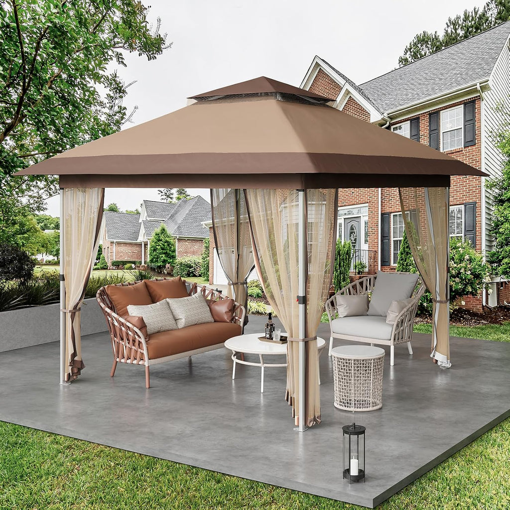 GarveeLife 12 ft x12 ft Gazebo Outdoor Pop up Canopy Tent with Curtains and 144 Square Shelter for Patio,Backyard Party, with Mosquito Netting, 2-Tiered Vented Top, Khaki