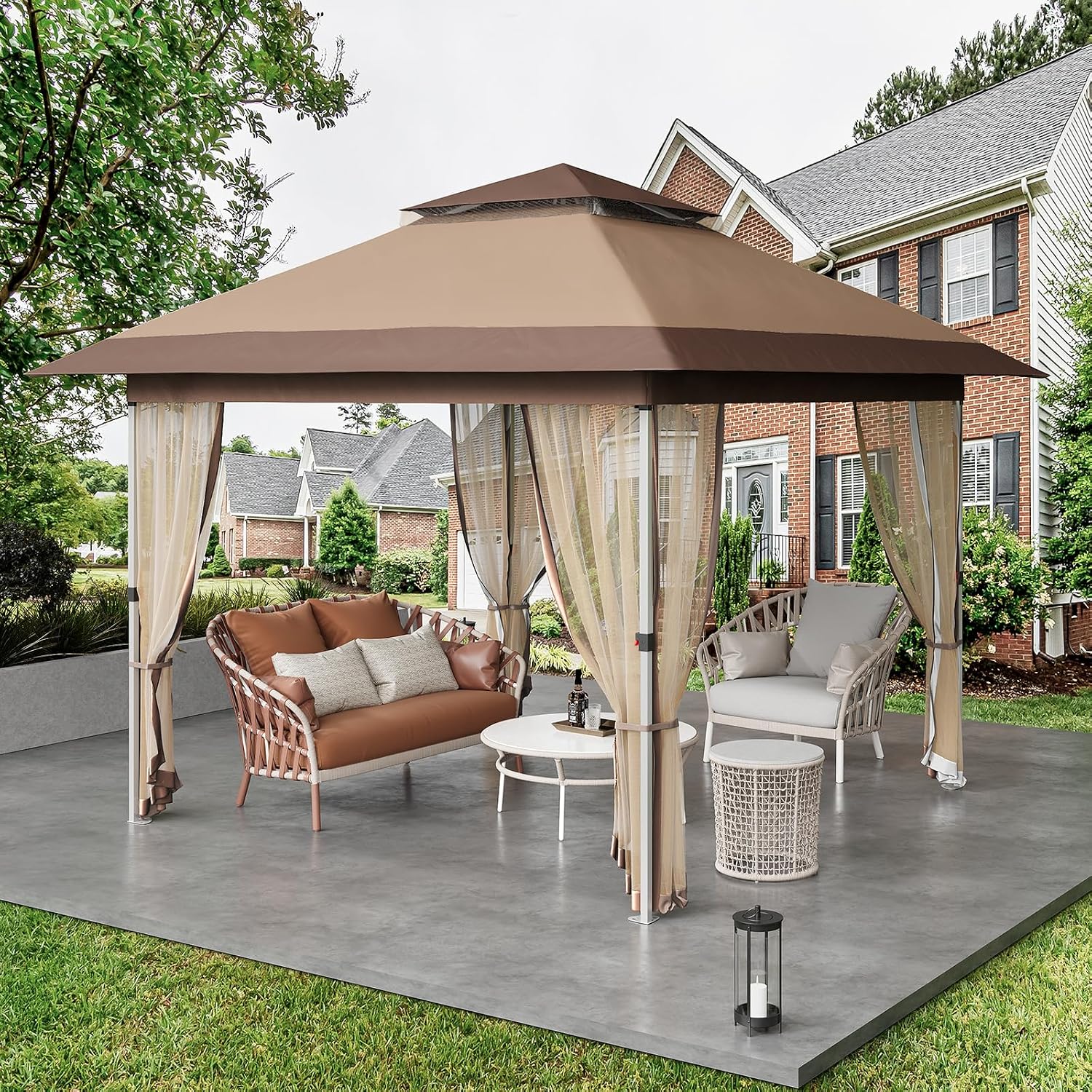 GarveeLife 12 ft x12 ft Gazebo Outdoor Pop up Canopy Tent with Curtains and 144 Square Shelter for Patio,Backyard Party, with Mosquito Netting, 2-Tiered Vented Top, Khaki