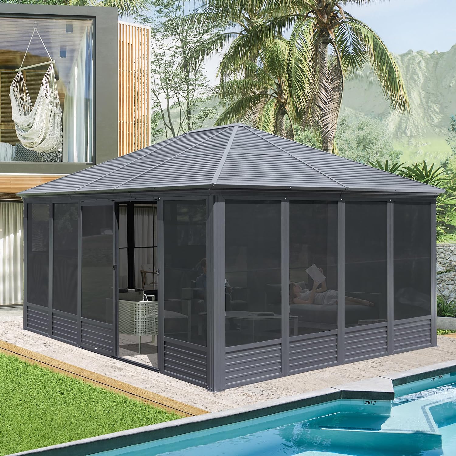 Domi 13x16.5FT Solarium Sunroom Kit, Outdoor Enclosed Patio Sunroom Gazebo with Aluminum Frame, Permanent Freestanding Hardtop Gazebo with 2 Sliding Doors (Front and Rear), Movable PVC Windows