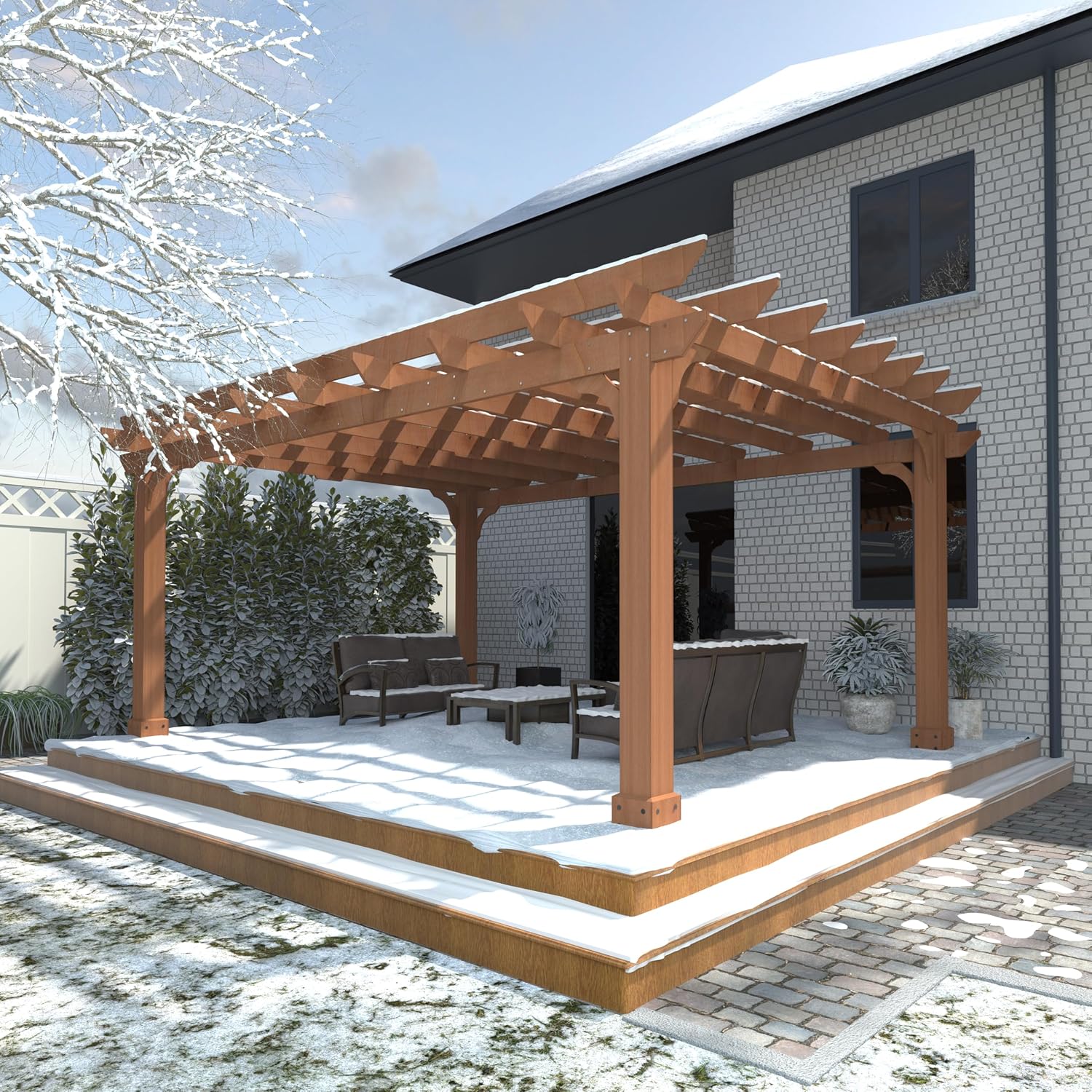 Yardenaler 12x14 FT Wooden Pergola with Flat Roof, Cedar Wood Gazebo with Stakes Included, Outdoor Garden Shelter for Patio, Deck, Backyard, Lawn