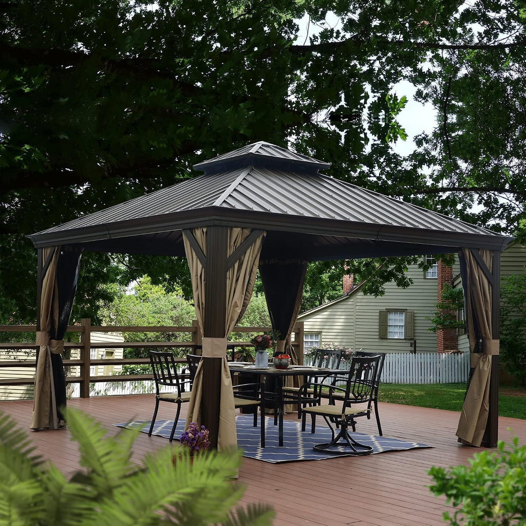 Kozyard Alexander 12' x 12' Hardtop Gazebo, Aluminum Frame with Galvanized Steel Double Roof, Outdoor Permanent Pavilion with Curtains and Netting for Patio, Backyard, Deck, Lawn(Brown)