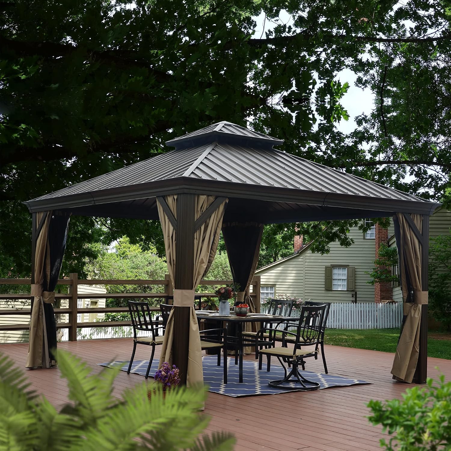 Kozyard Alexander 12' x 12' Hardtop Gazebo, Aluminum Frame with Galvanized Steel Double Roof, Outdoor Permanent Pavilion with Curtains and Netting for Patio, Backyard, Deck, Lawn(Brown)