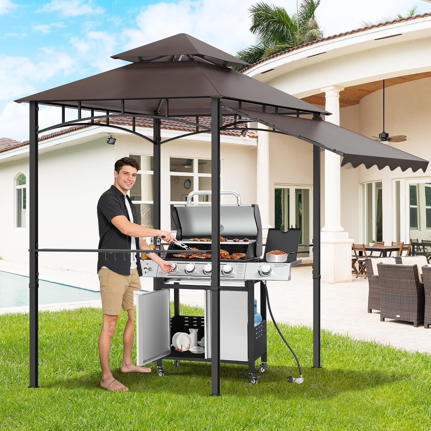 TITIMO 8'x 8' x 7.8' Double Tiered Grill Gazebo with Side Awning,Outdoor Patio BBQ Pergola, Heavy-Duty Metal Frame Canopy Tent with Side Shelves,Hooks,Bottle Opener for Lawn Deck and Garden (Brown)