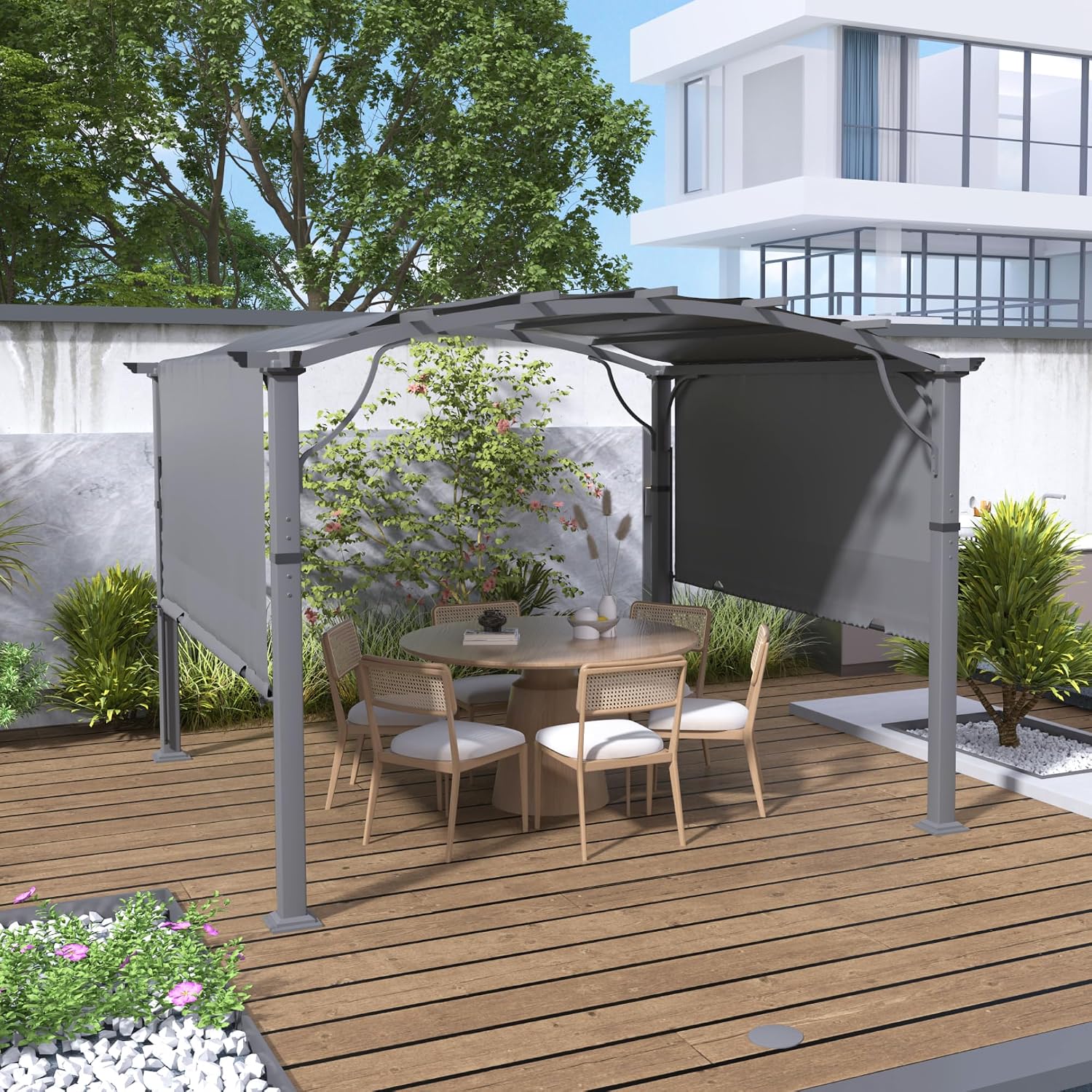 10' x10' Arched Outdoor Pergola for Deck, Outdoor Retractable Pergola with Canopy and Hardware, Small Aluminum Frame with Canopy Fixed in Various Positions (Grey)