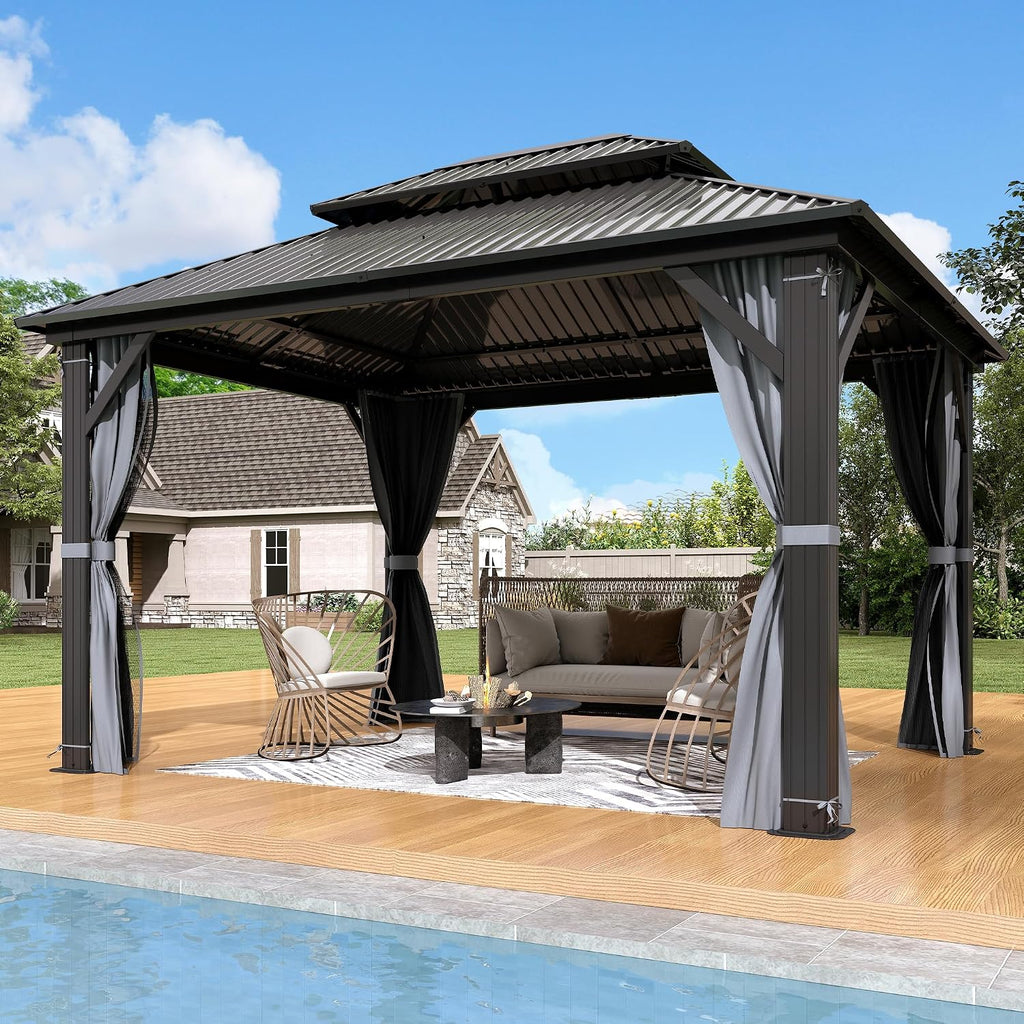 10'x12' Hardtop Gazebo, Outdoor Double Roof Galvanized Steel Gazebo, Aluminum Frame Permanent Pavilion with Curtains & Netting for Backyard, Patio, Deck (Galvanized Steel Top, 10x12 FT)