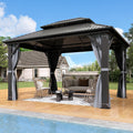 10'x12' Hardtop Gazebo, Outdoor Double Roof Galvanized Steel Gazebo, Aluminum Frame Permanent Pavilion with Curtains & Netting for Backyard, Patio, Deck (Galvanized Steel Top, 10x12 FT)
