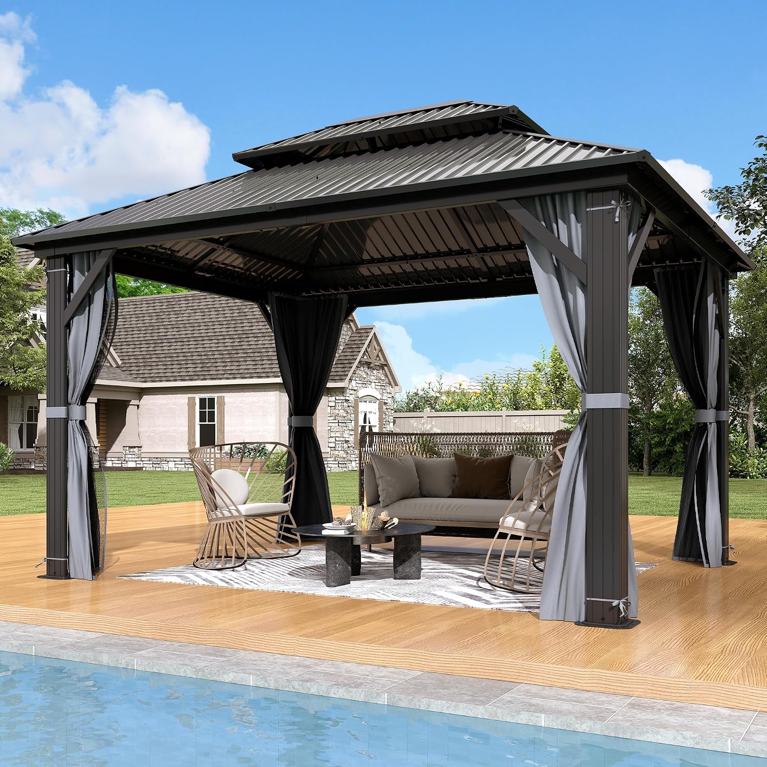 10'x12' Hardtop Gazebo, Outdoor Double Roof Galvanized Steel Gazebo, Aluminum Frame Permanent Pavilion with Curtains & Netting for Backyard, Patio, Deck (Galvanized Steel Top, 10x12 FT)