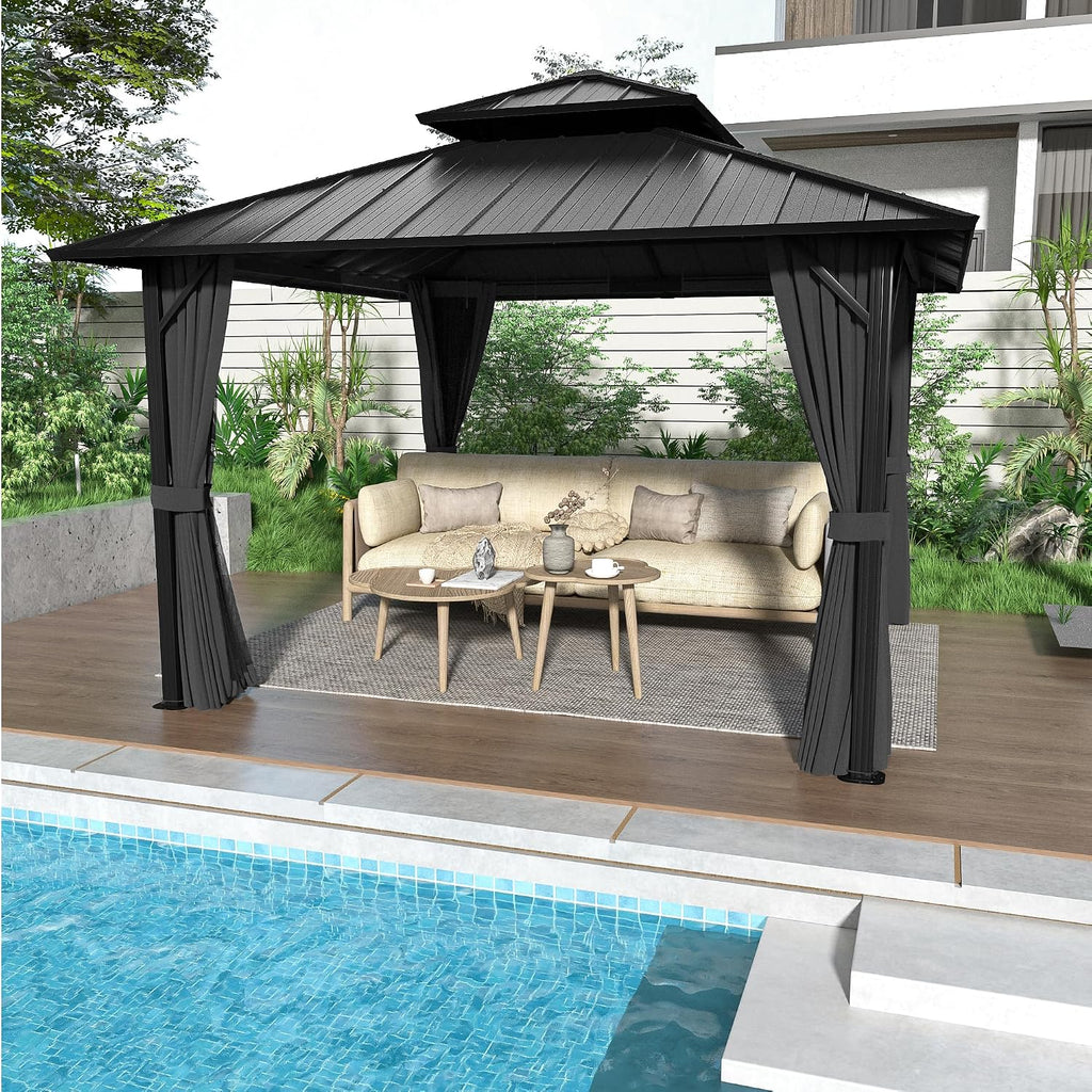 12' x 12' Hardtop Gazebo, Aluminum Frame with Double Galvanized Steel Roof, Outdoor Metal Gazebo with Netting & Curtains for Backyard, Garden, or Deck, Grey