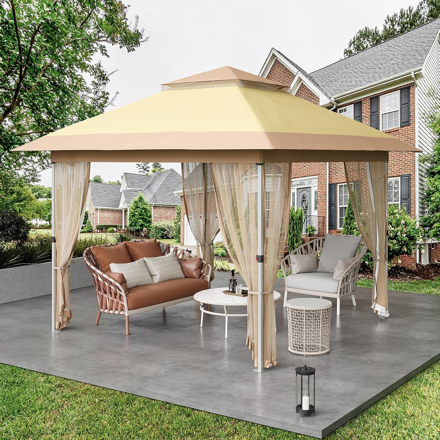 GarveeLife 12 ft x12 ft Gazebo Outdoor Pop up Canopy Tent with Curtains and 144 Square Shelter for Patio,Backyard Party, with Mosquito Netting, 2-Tiered Vented Top, Beige