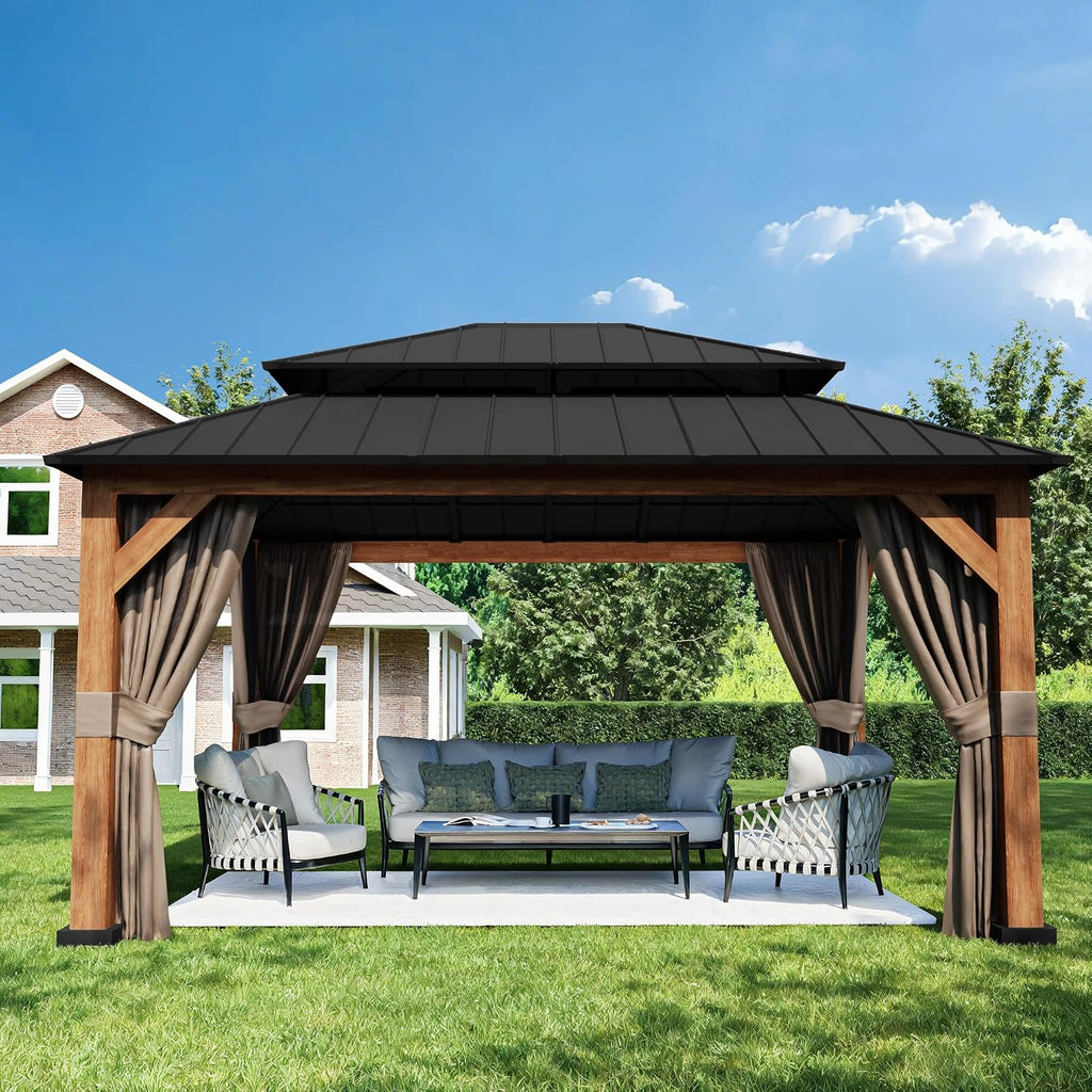 13' x 15' Double Hardtop Gazebo - Outdoor Thermal Transfer Wood-Looking Aluminum Gazebo with Double Hardtop, Privacy Curtains and Mosquito Nettings Included, for Patio, Garden, Backyard