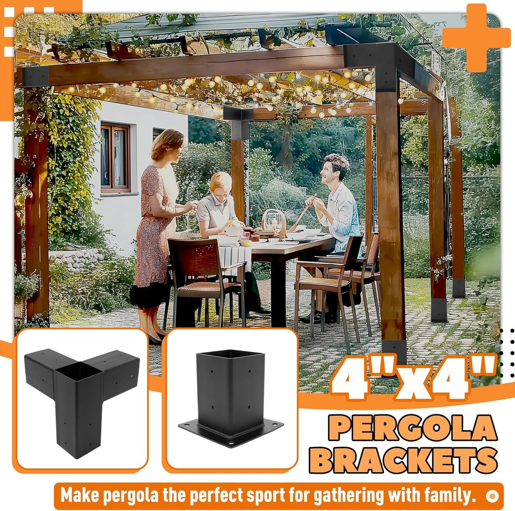 Pergola Brackets Kit (Actual 3.9''x3.9'') 4x4 Woodworks Pergola Kit with 3-Way Right Angle Corner Bracket and Base Bracket DIY Elevated Wood Stand Kit for Outdoor