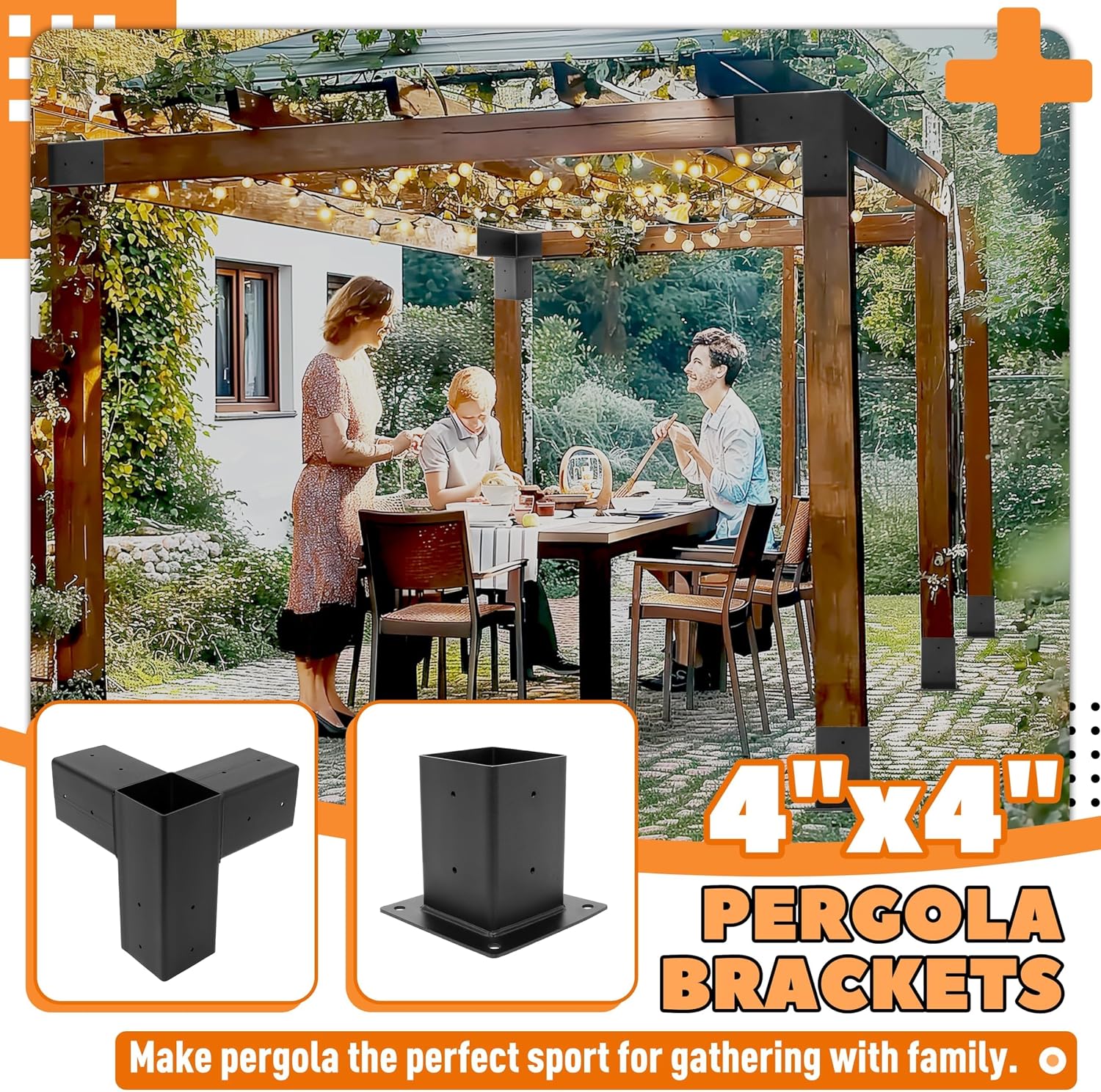 Pergola Brackets Kit (Actual 3.9''x3.9'') 4x4 Woodworks Pergola Kit with 3-Way Right Angle Corner Bracket and Base Bracket DIY Elevated Wood Stand Kit for Outdoor